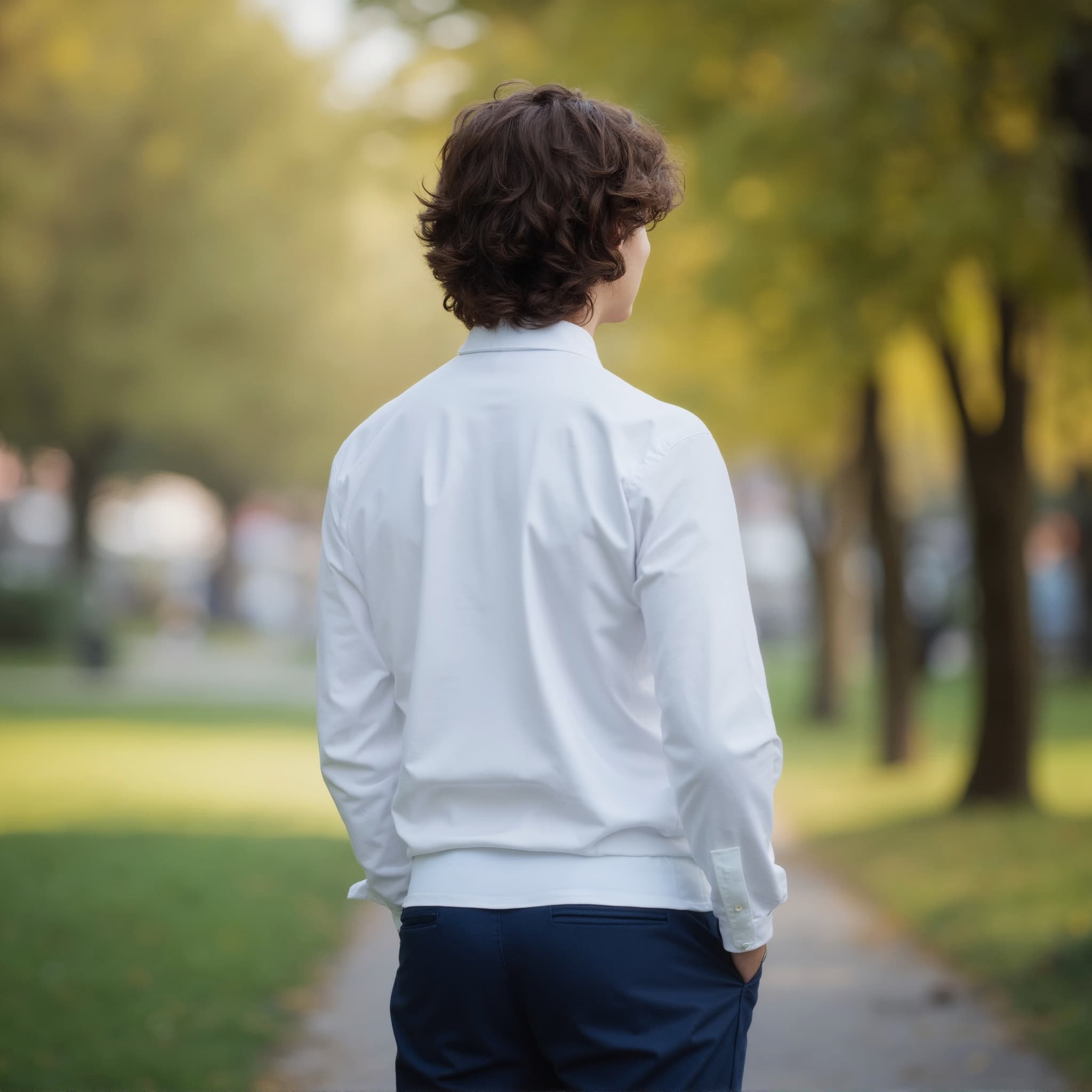 Back-View long sleeve polo mockup a boy walks with hands in pockets in a park