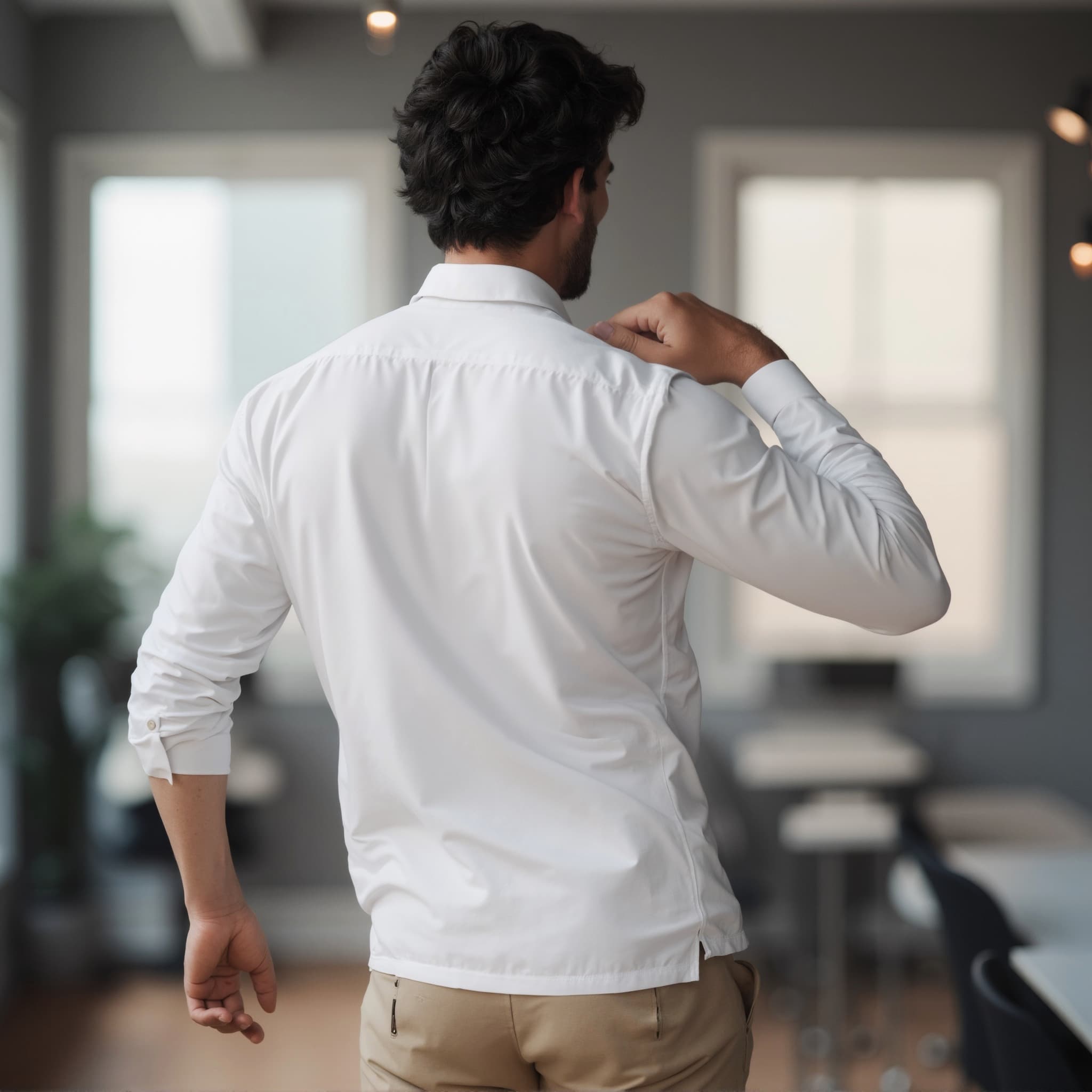 Back-View long sleeve polo mockup a man adjusts his collar in an office