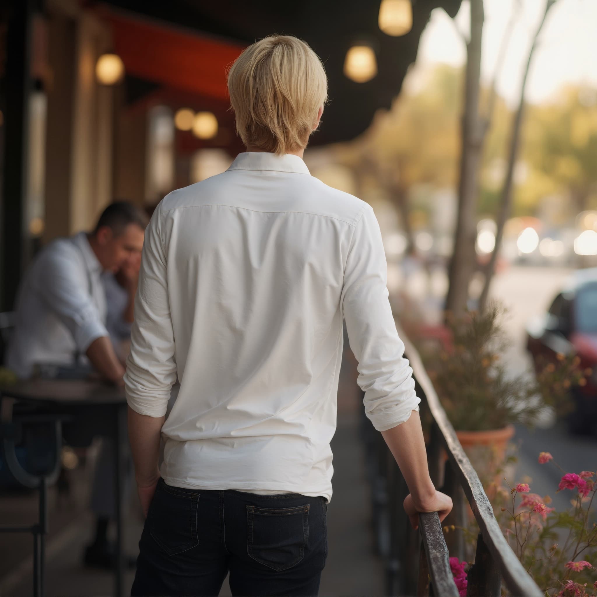 Back-View long sleeve polo mockup a man stands with arms relaxed at a café
