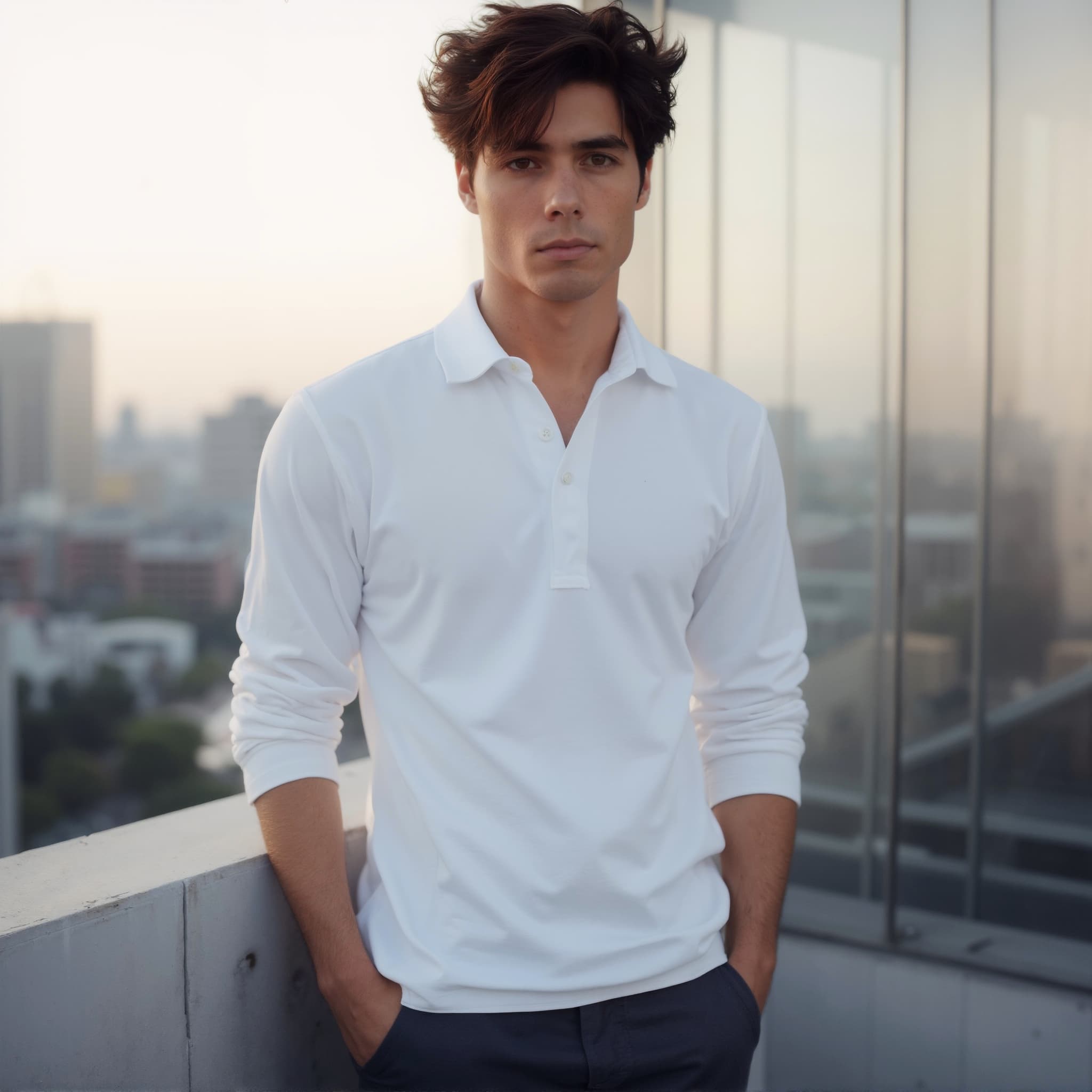 Long sleeve polo mockup a man stands with hands in pockets on a rooftop