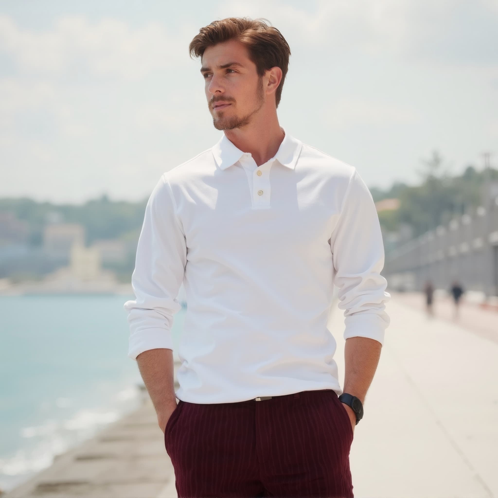 Long sleeve polo mockup a man stands with hands in pockets on a waterfront
