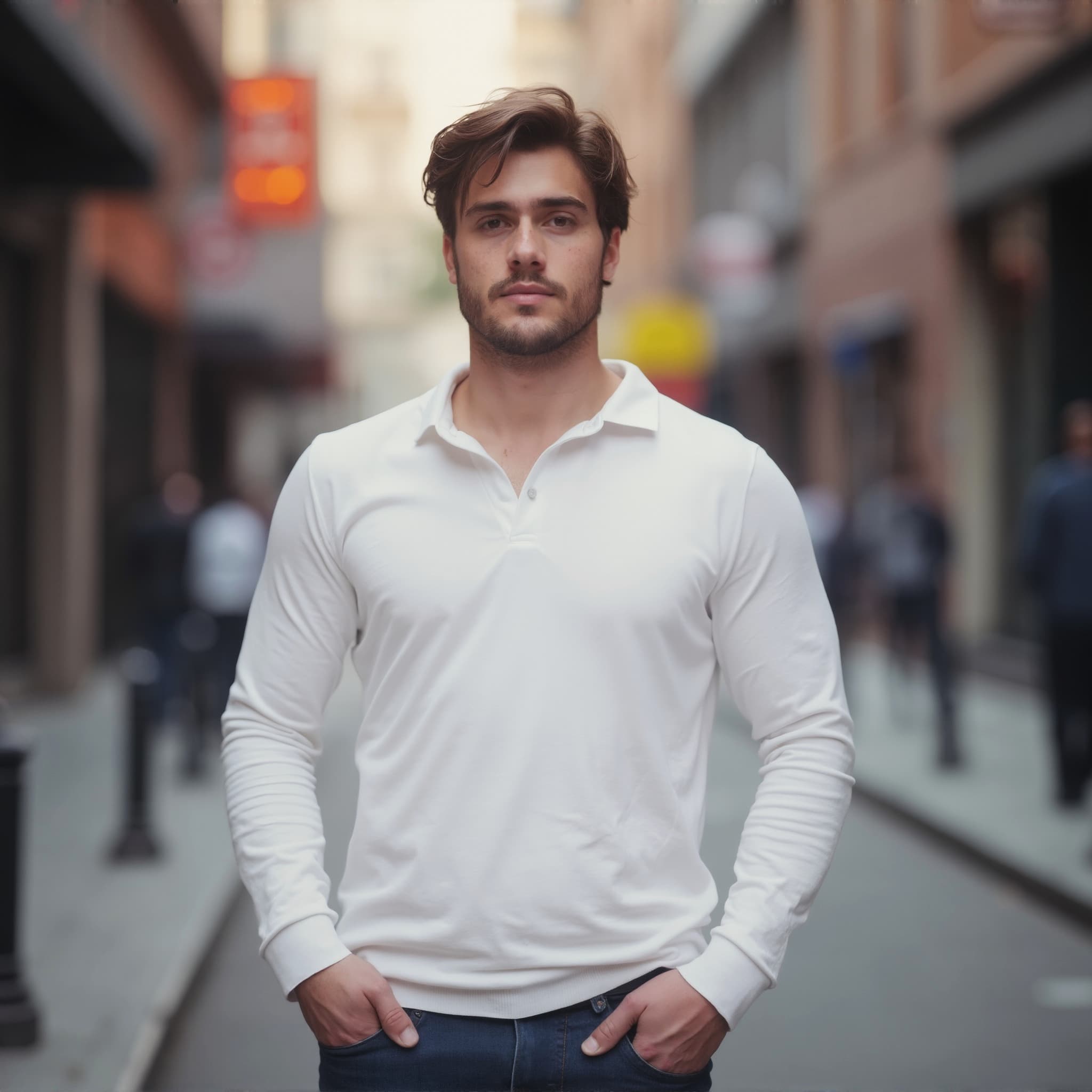 Long sleeve polo mockup a man stands with hands on hips in an alley