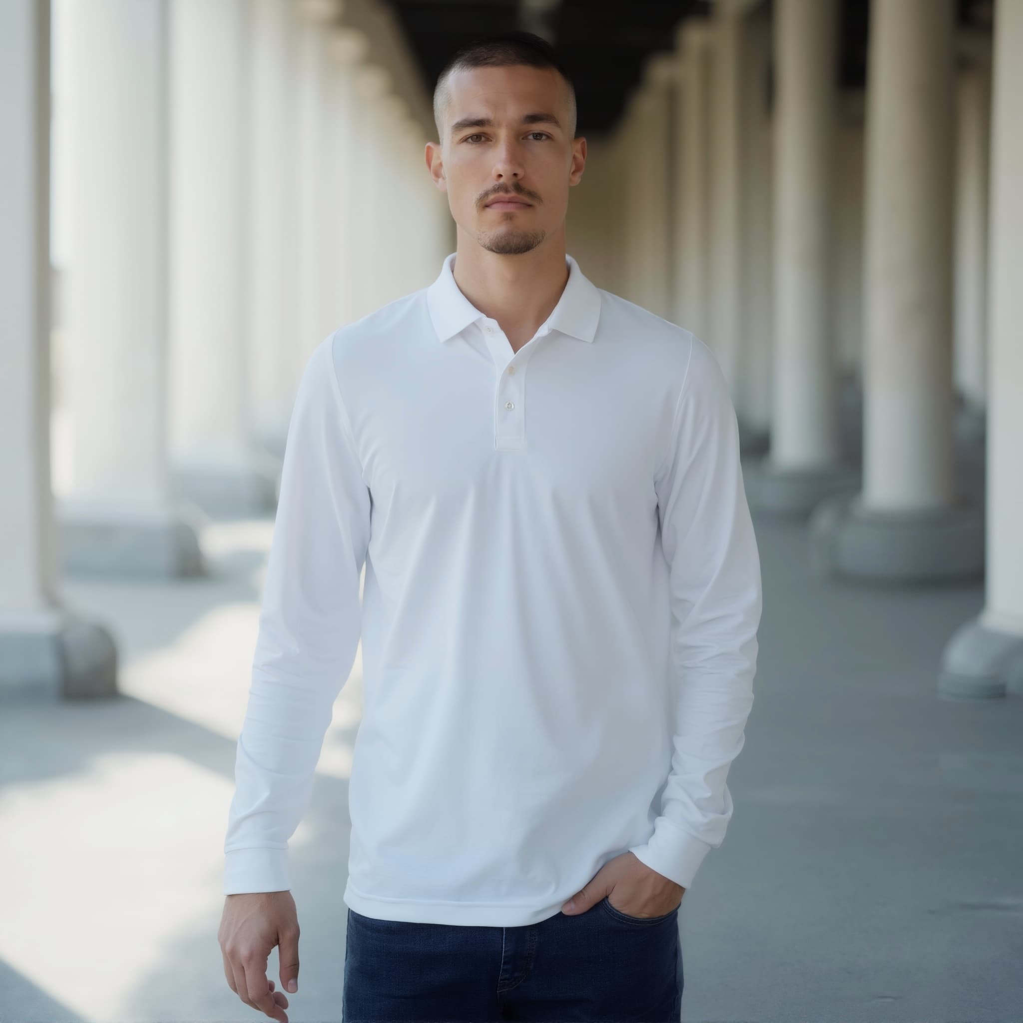 Long sleeve polo mockup a man stands with one hand in pocket colonnade