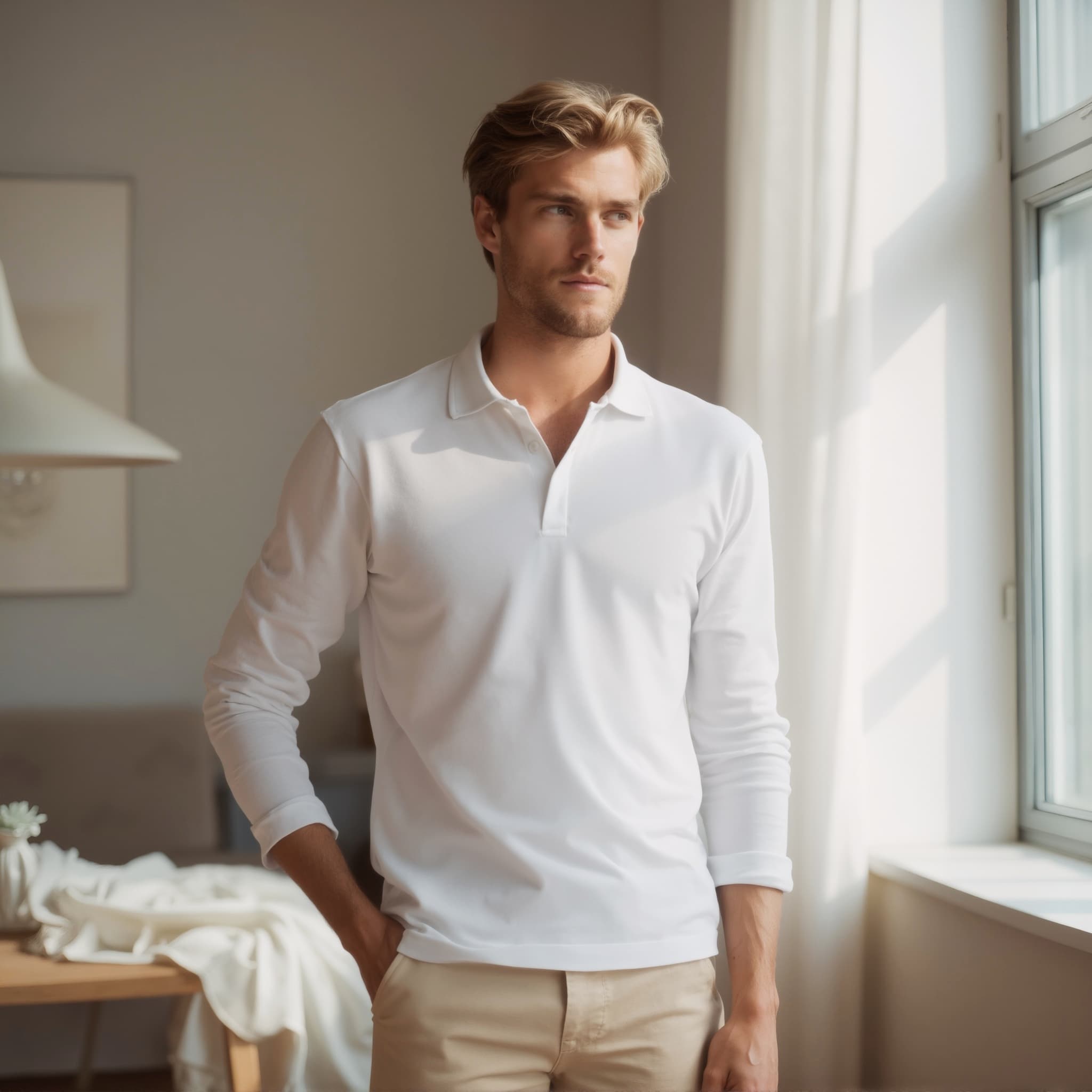 Long sleeve polo mockup a man stands with one hand tucked in pockets and has wavy hair in a bright room