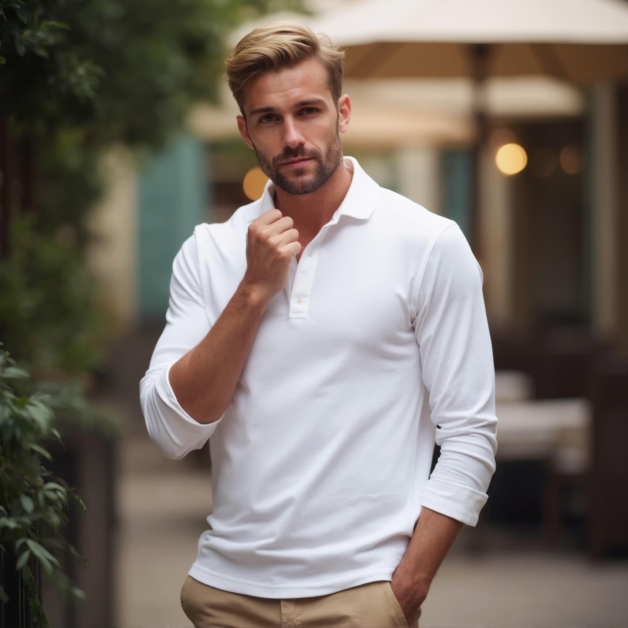 Long sleeve polo mockup a man touches his chin with confidence in a café