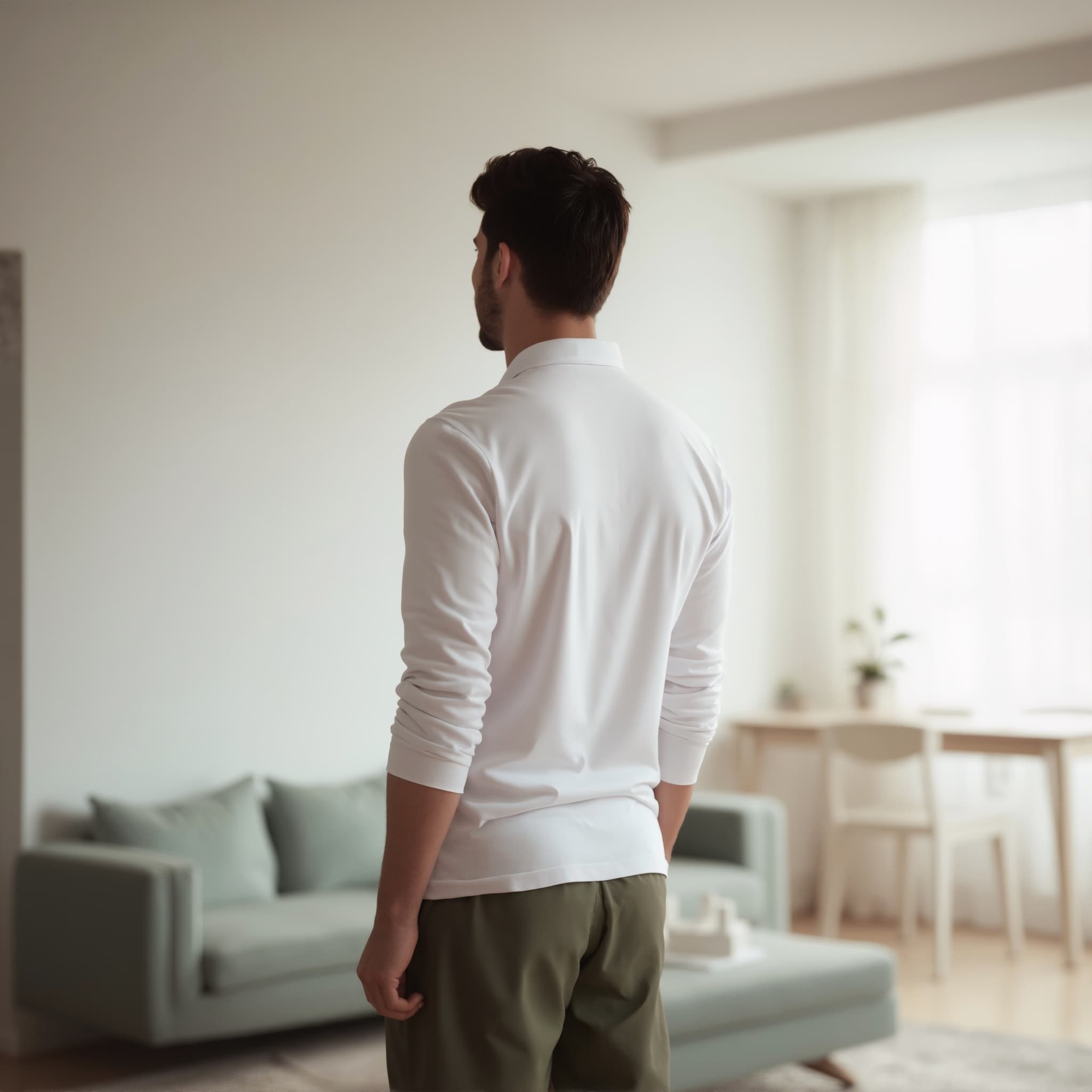 Back-View long sleeve polo mockup a man stands with arms relaxed in a living roo