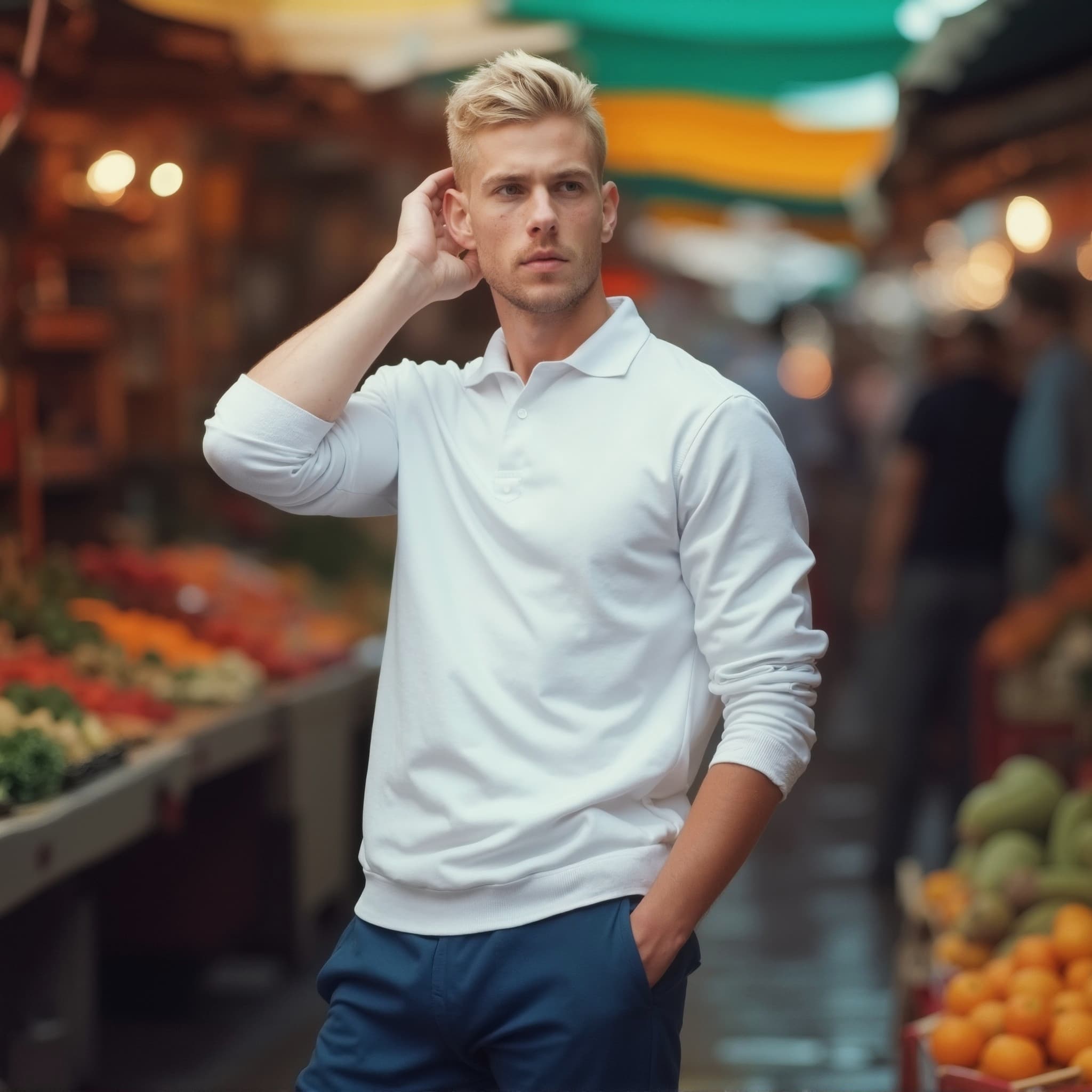 Long sleeve polo mockup a man touches his hair in a market