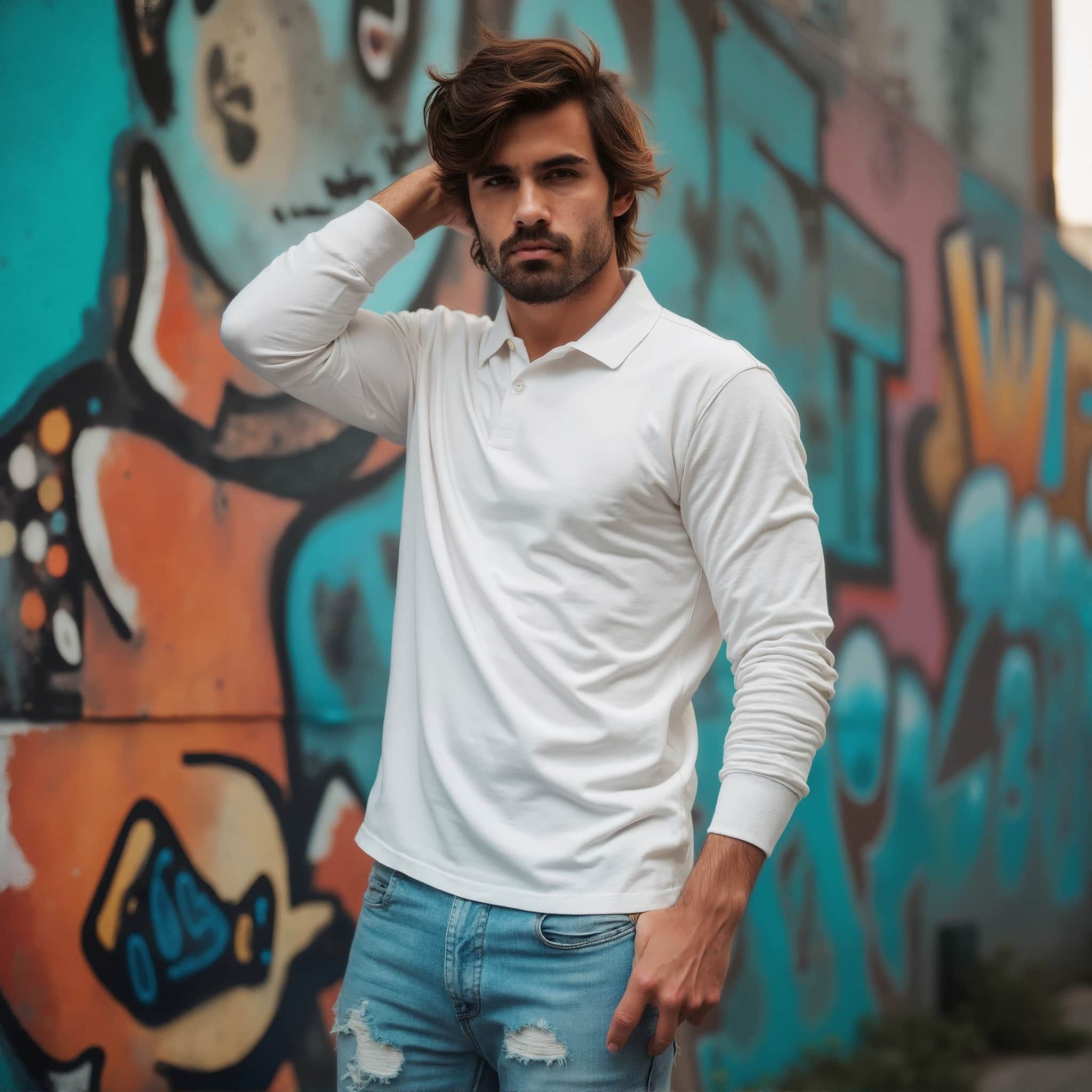 Long sleeve polo mockup a man touches his hair in an urban setting