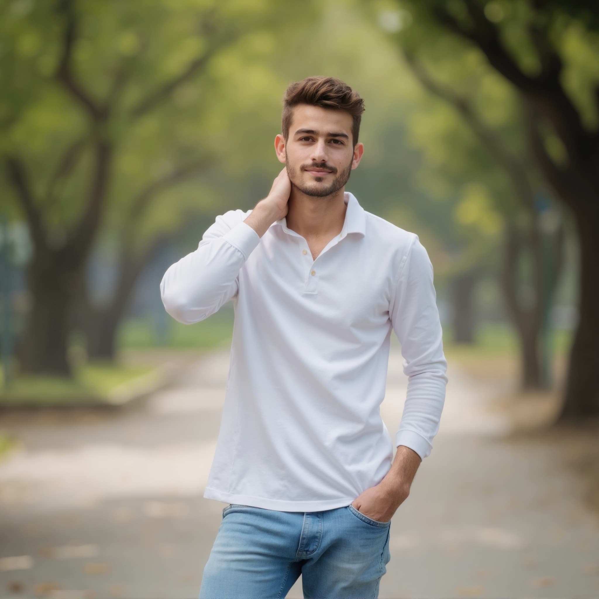 Long sleeve polo mockup a man touches his neck in a park