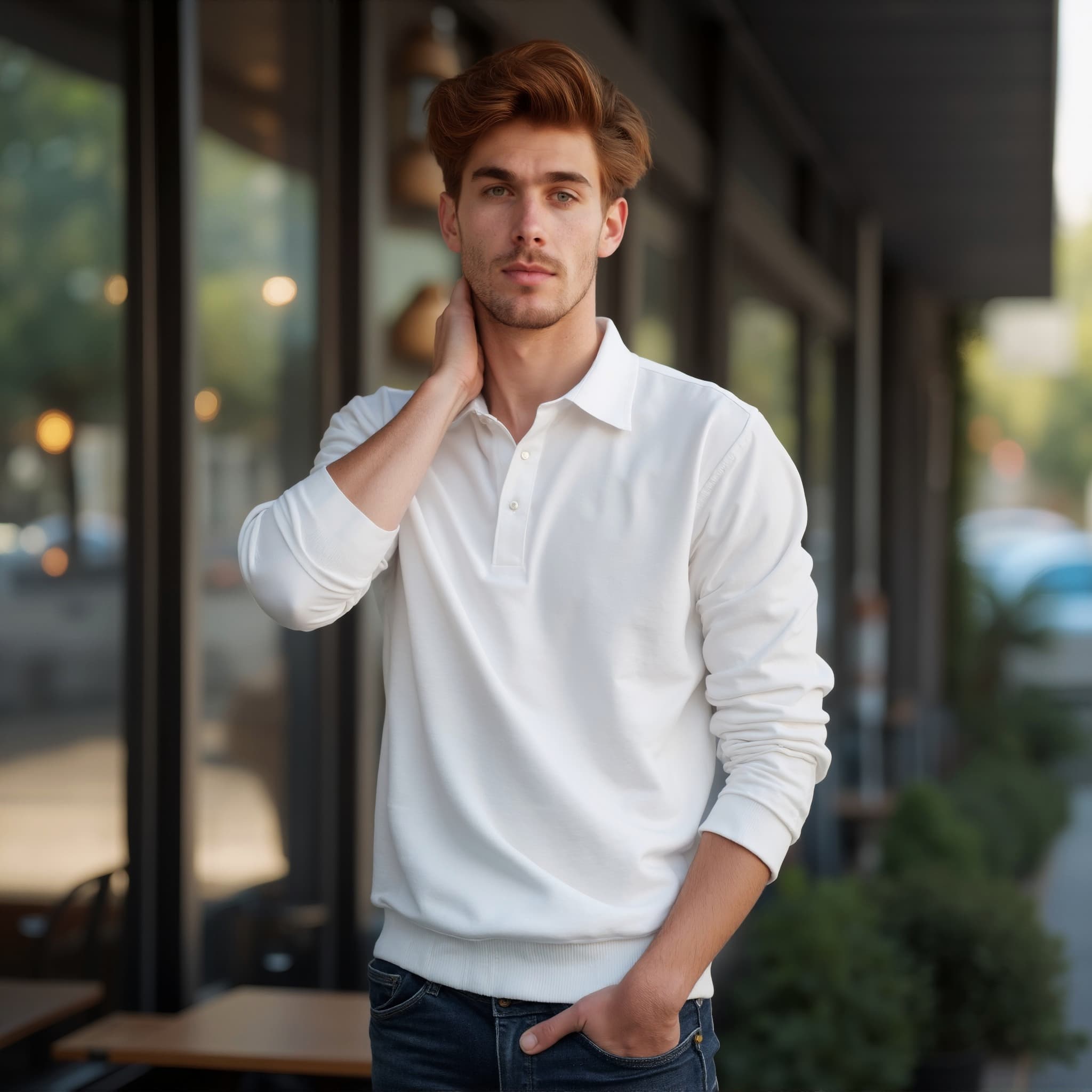 Long sleeve polo mockup a man touches his neck stylish cafè