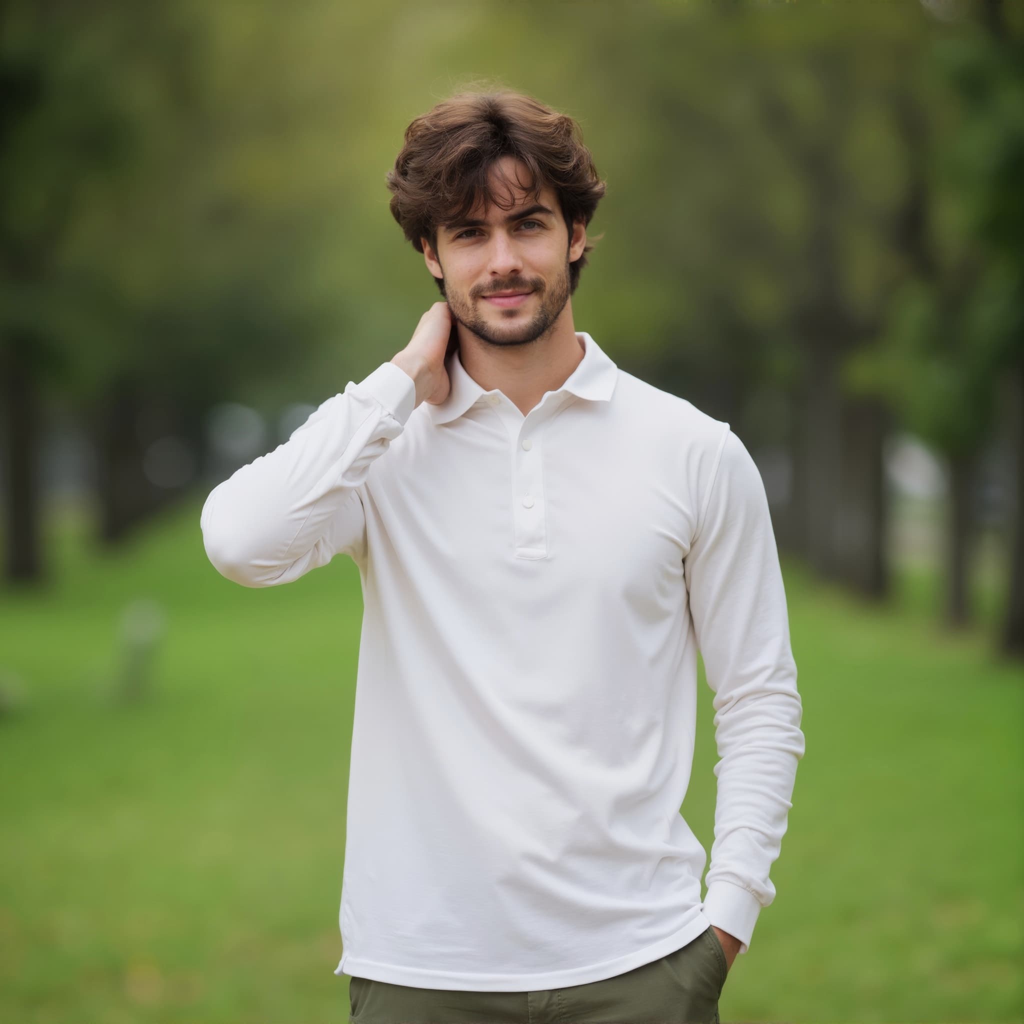 Long sleeve polo mockup a man touches his neck with short hair in a park