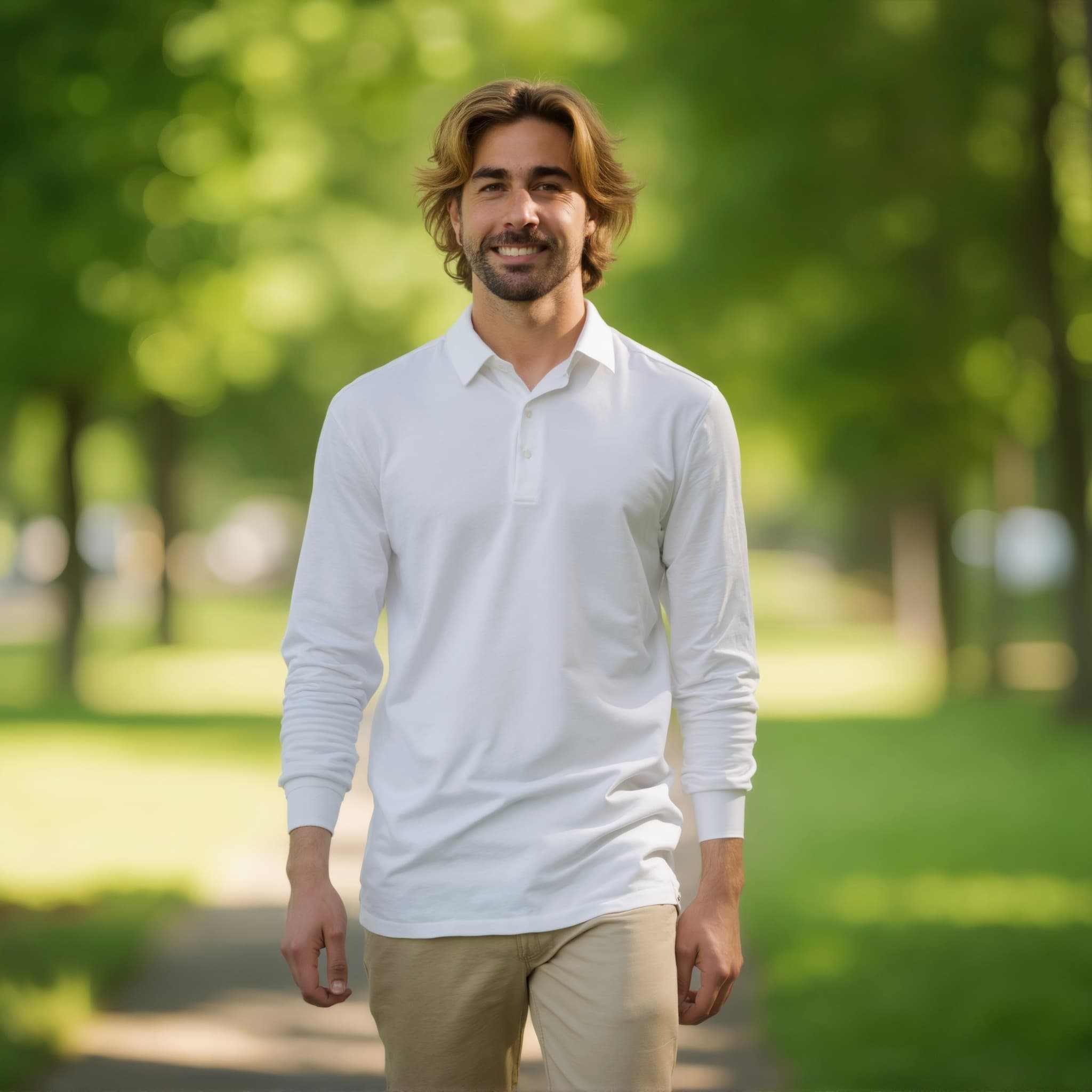 Long sleeve polo mockup a man walks with long hair in a park