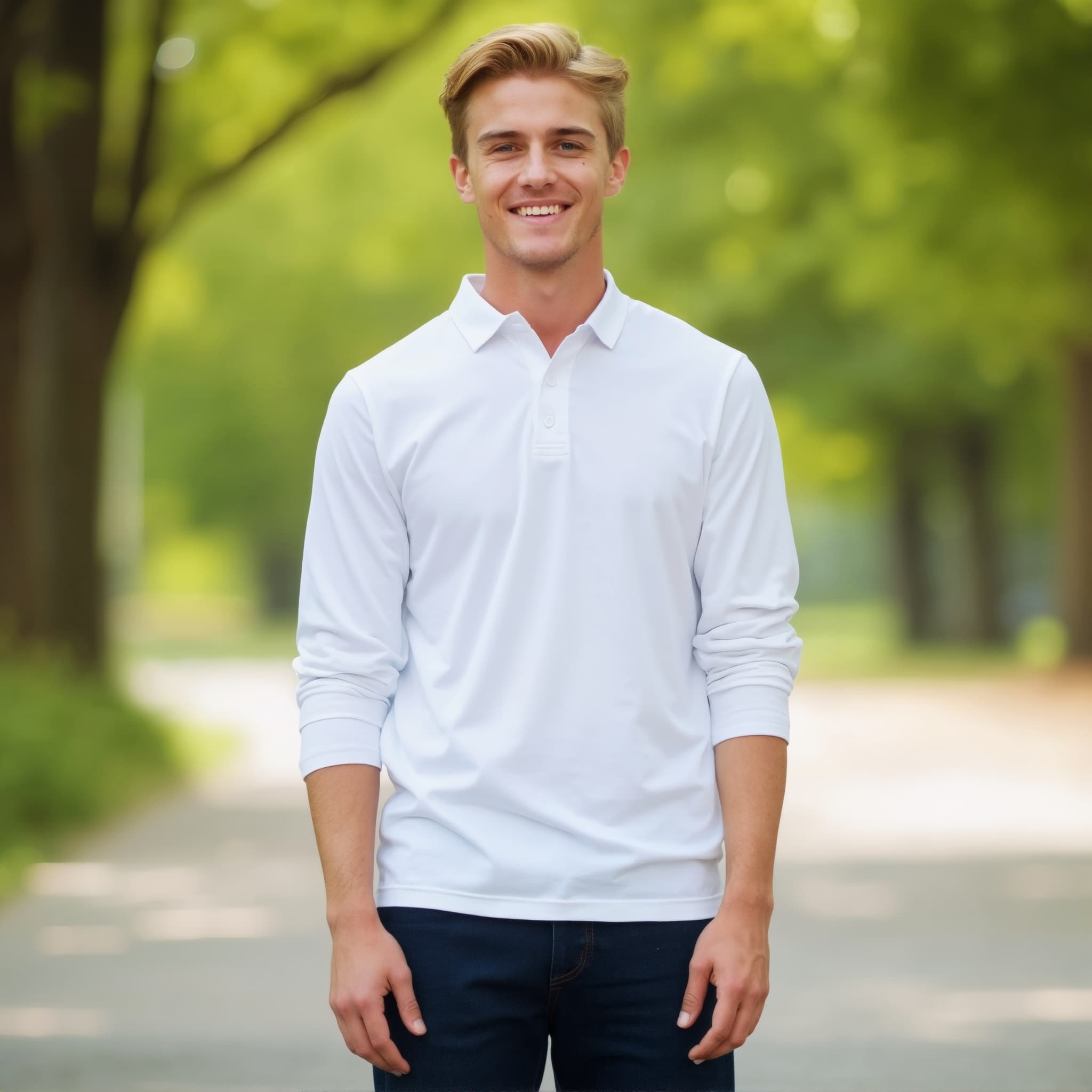 Long sleeve polo mockup a young man smiles in a parT
