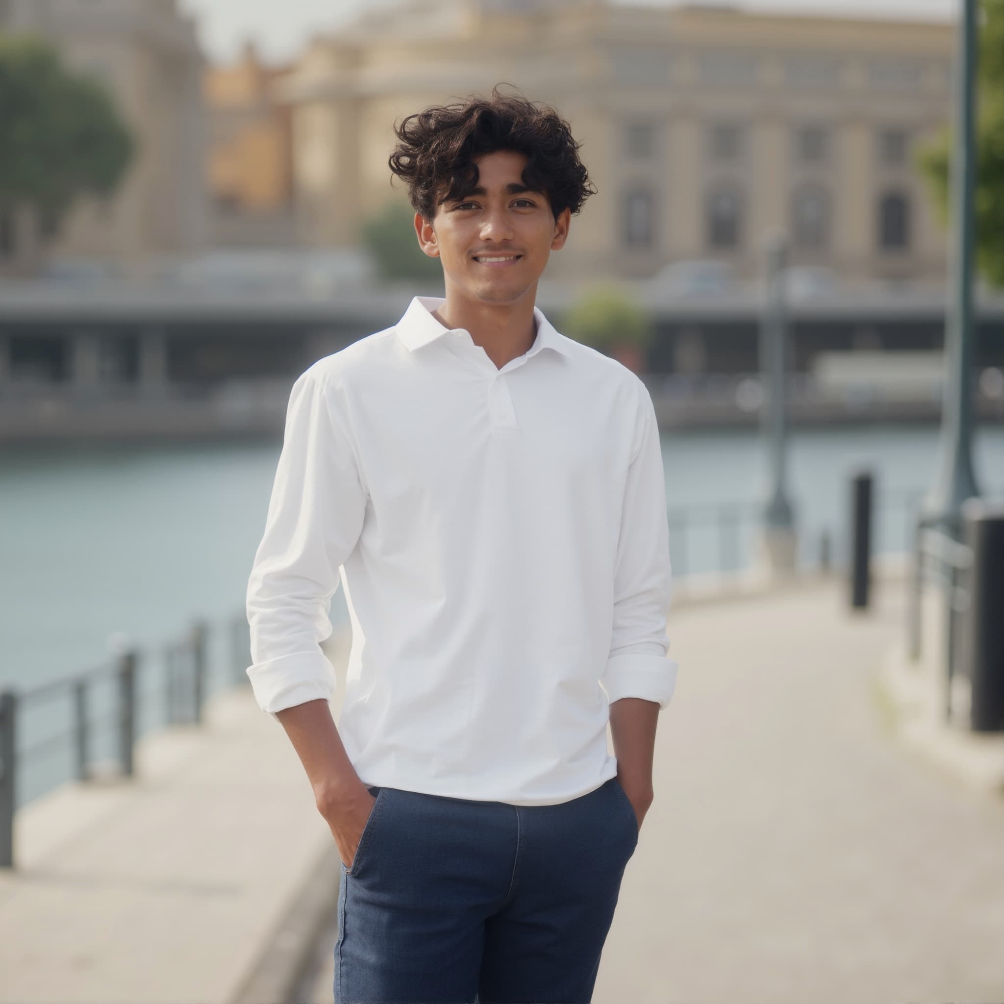 Long sleeve polo mockup a young man smiles with hands in pockets by a waterfront