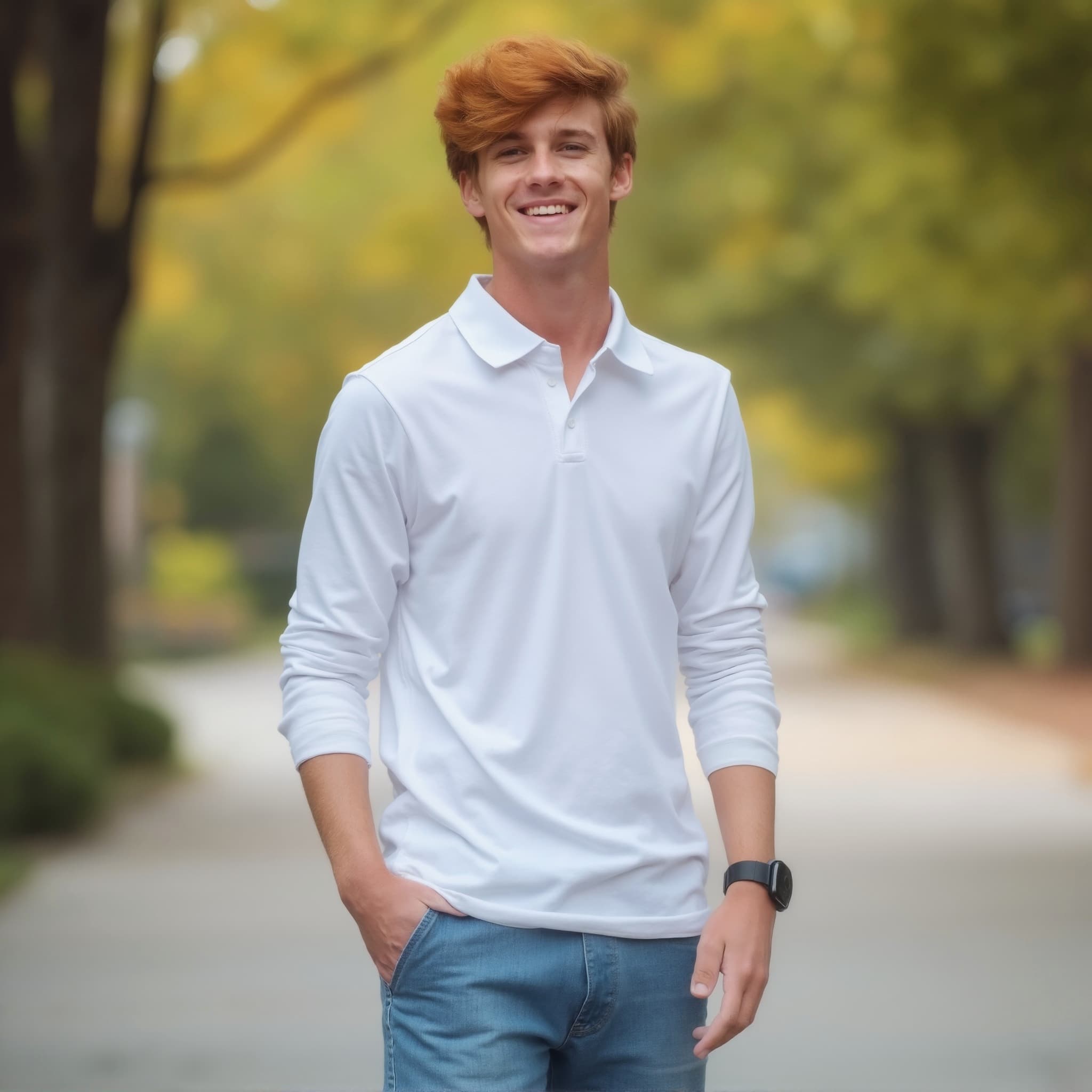 Long sleeve polo mockup a young man smiles with hands in pockets sunny park