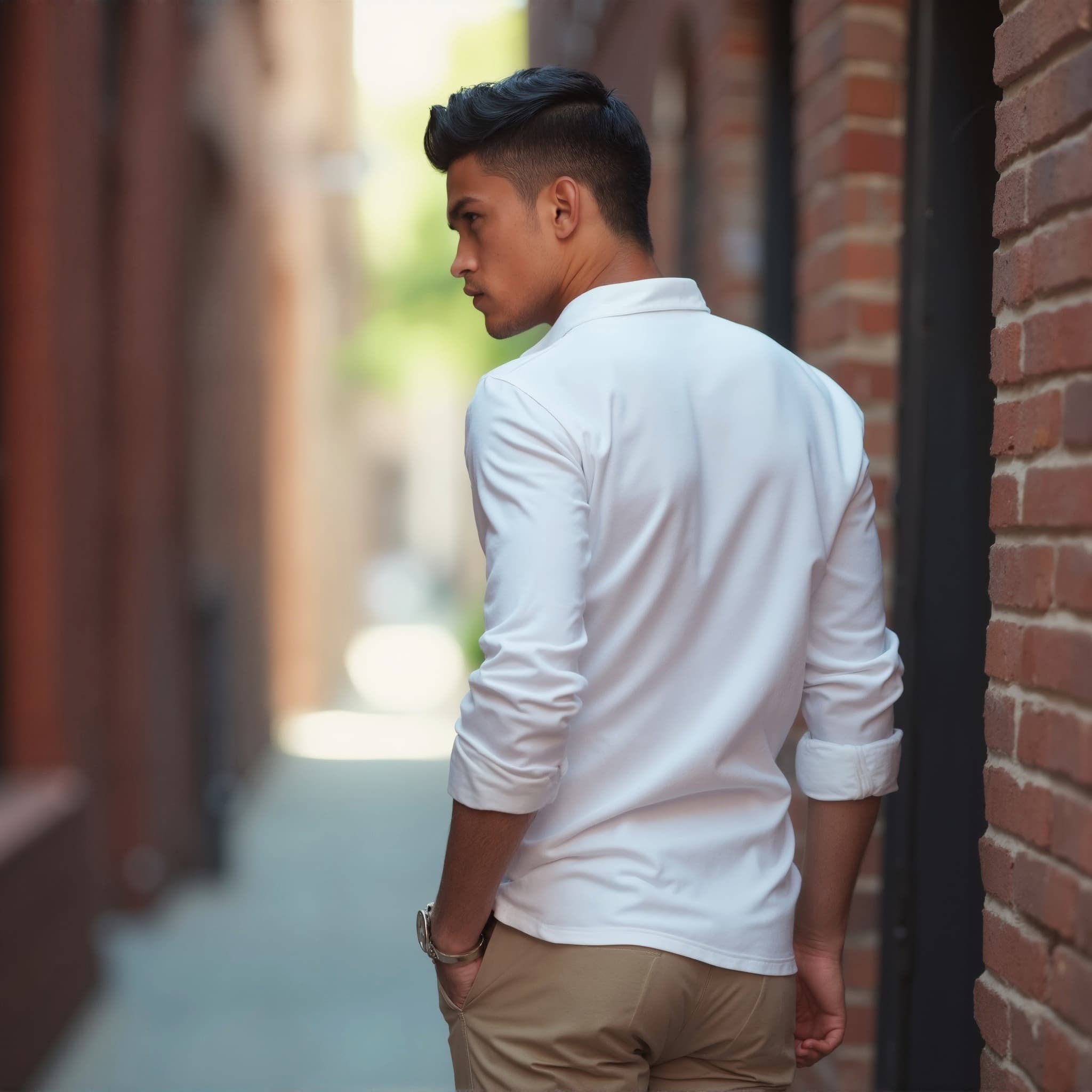 Back-View long sleeve polo mockup a man stands with arms relaxed in an alley