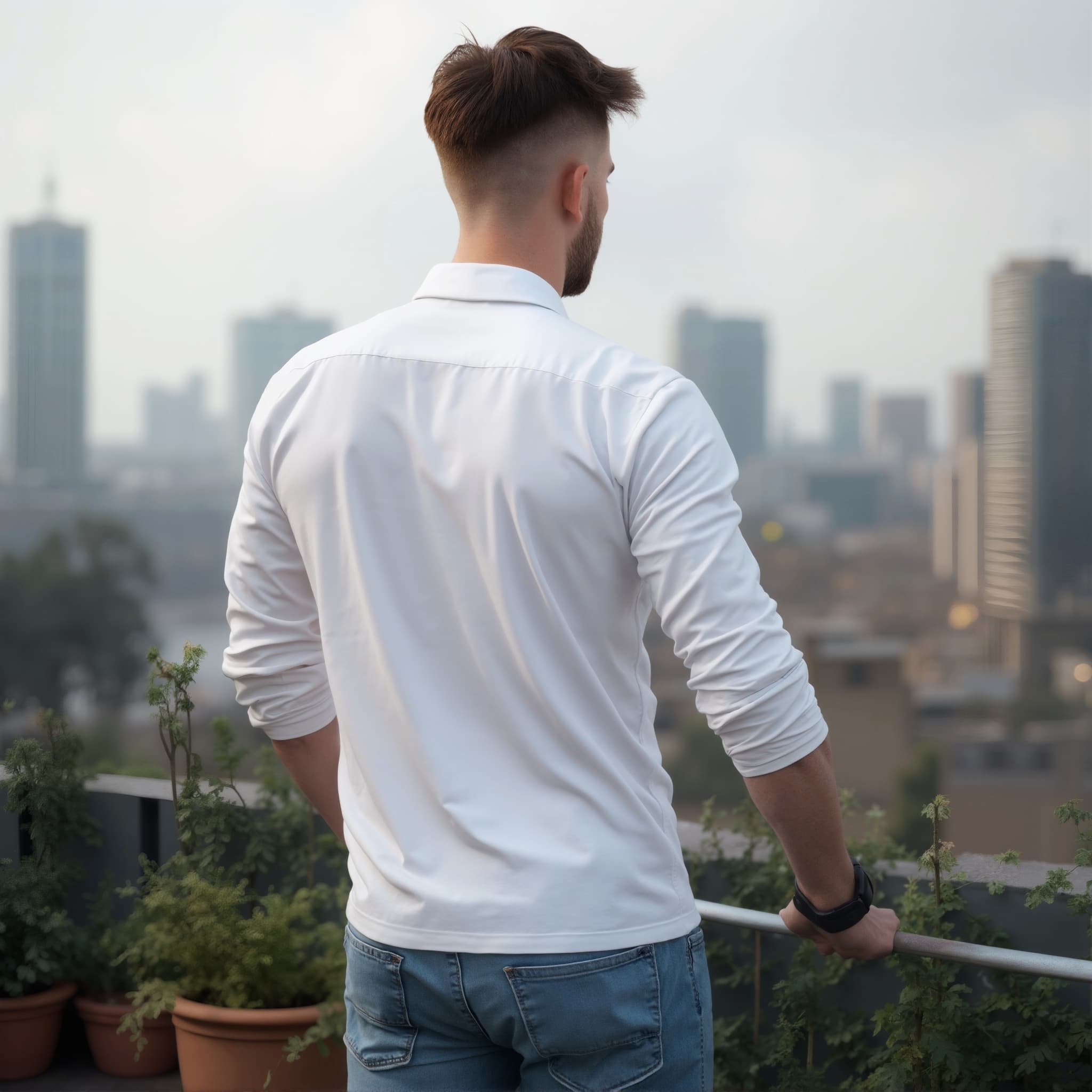 Back-View long sleeve polo mockup a man stands with arms relaxed on a balcony
