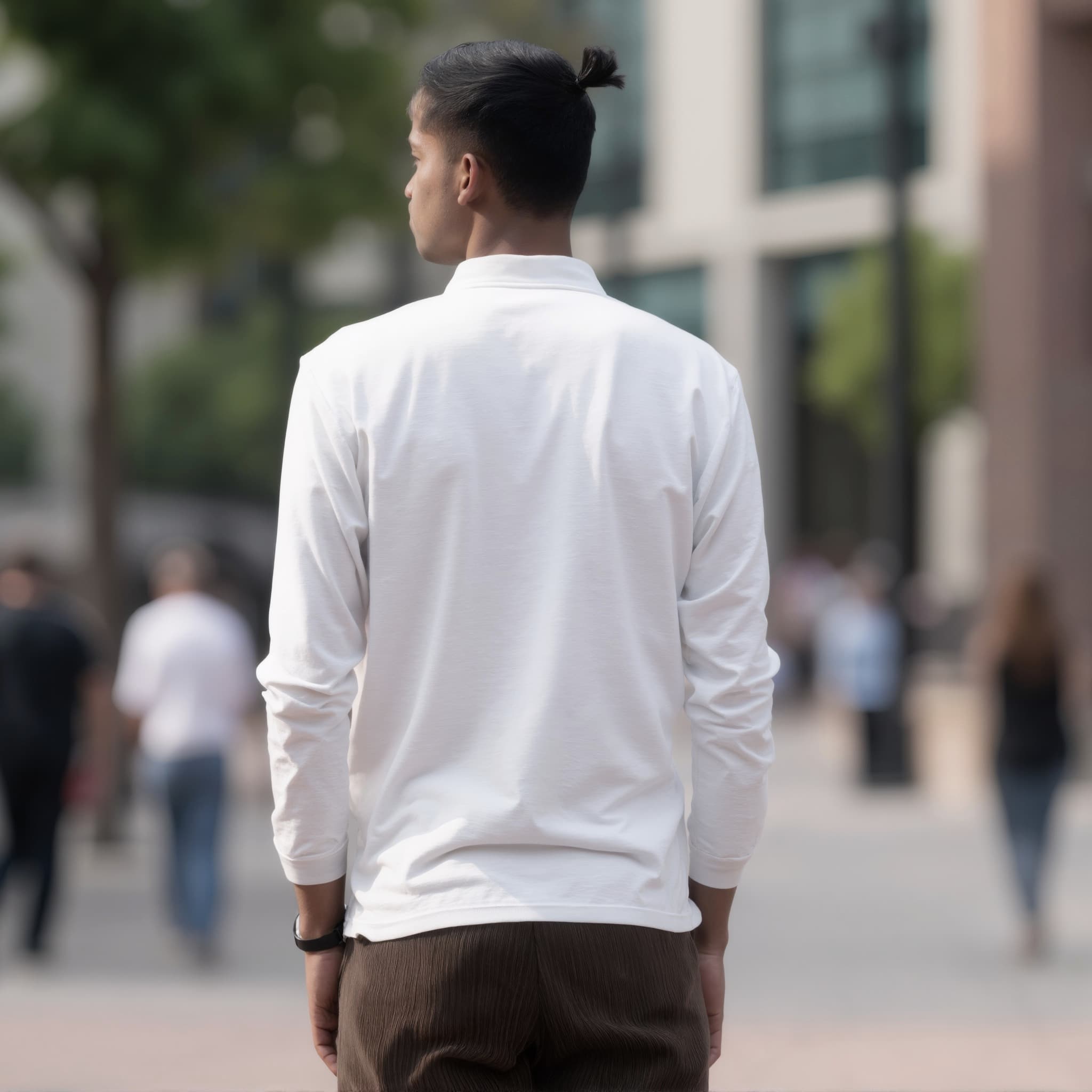 Back-View long sleeve polo mockup a man stands with hands at sides in a busy area