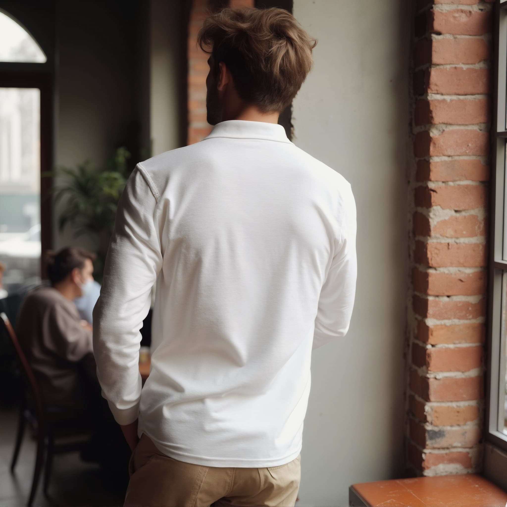 Back-View long sleeve polo mockup a man stands with hands at sides in a cafe