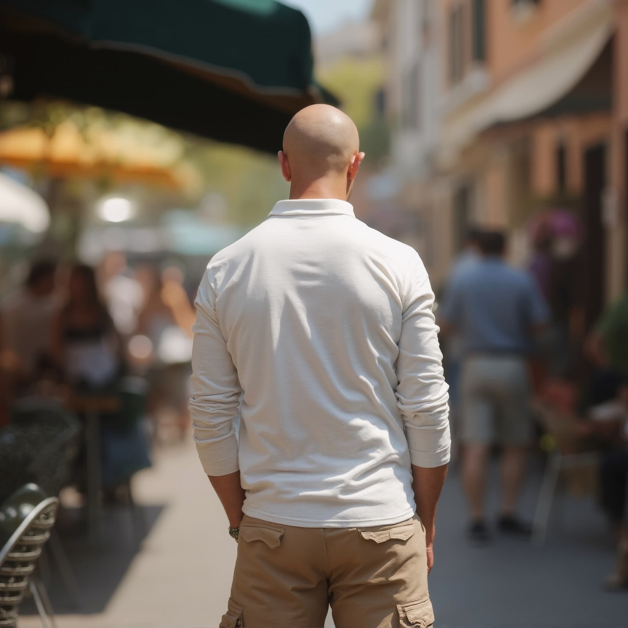 Back-View long sleeve polo mockup a man stands with hands behind back in a busy street