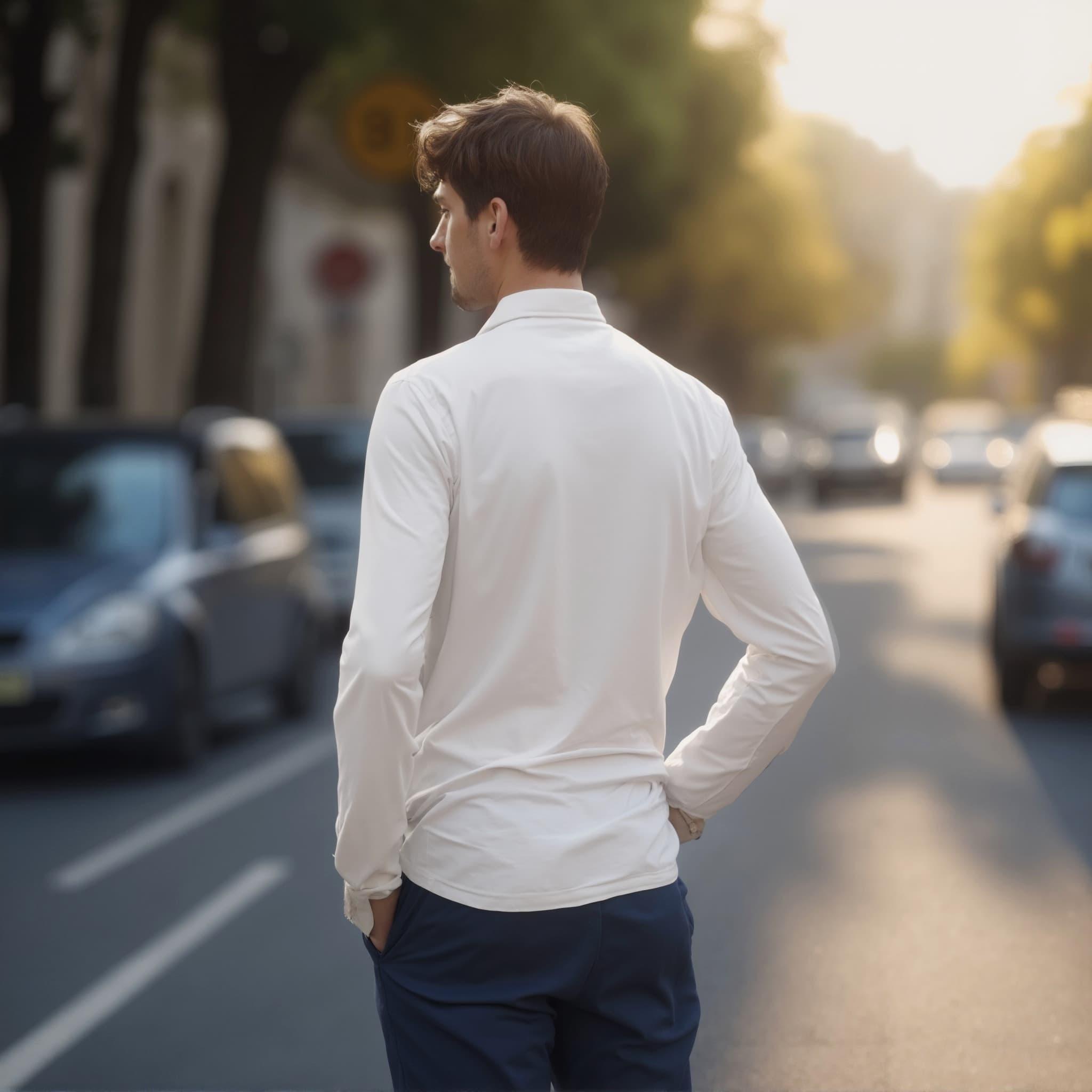 Back-View long sleeve polo mockup a man stands with hands behind back in a city street