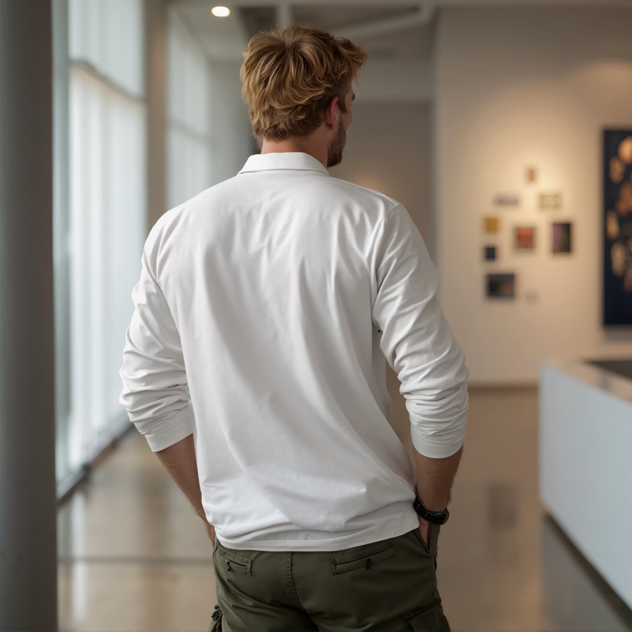 Back-View long sleeve polo mockup a man stands with hands behind back in an art gallery