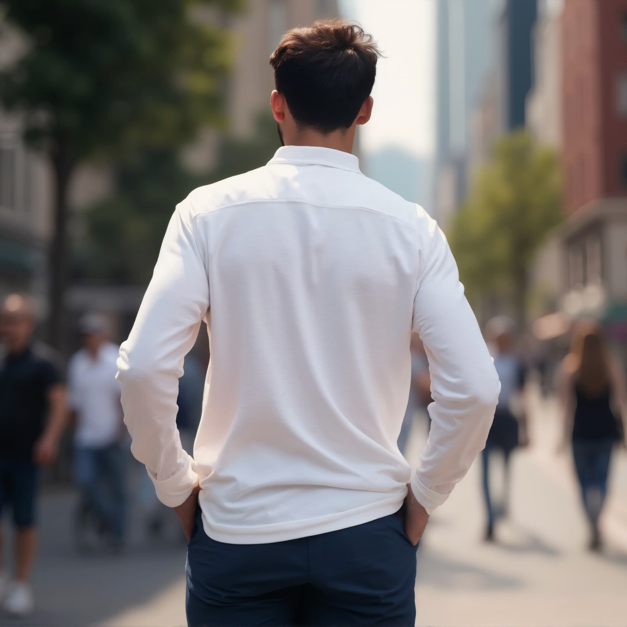 Back-View long sleeve polo mockup a man stands with hands behind back on a city street