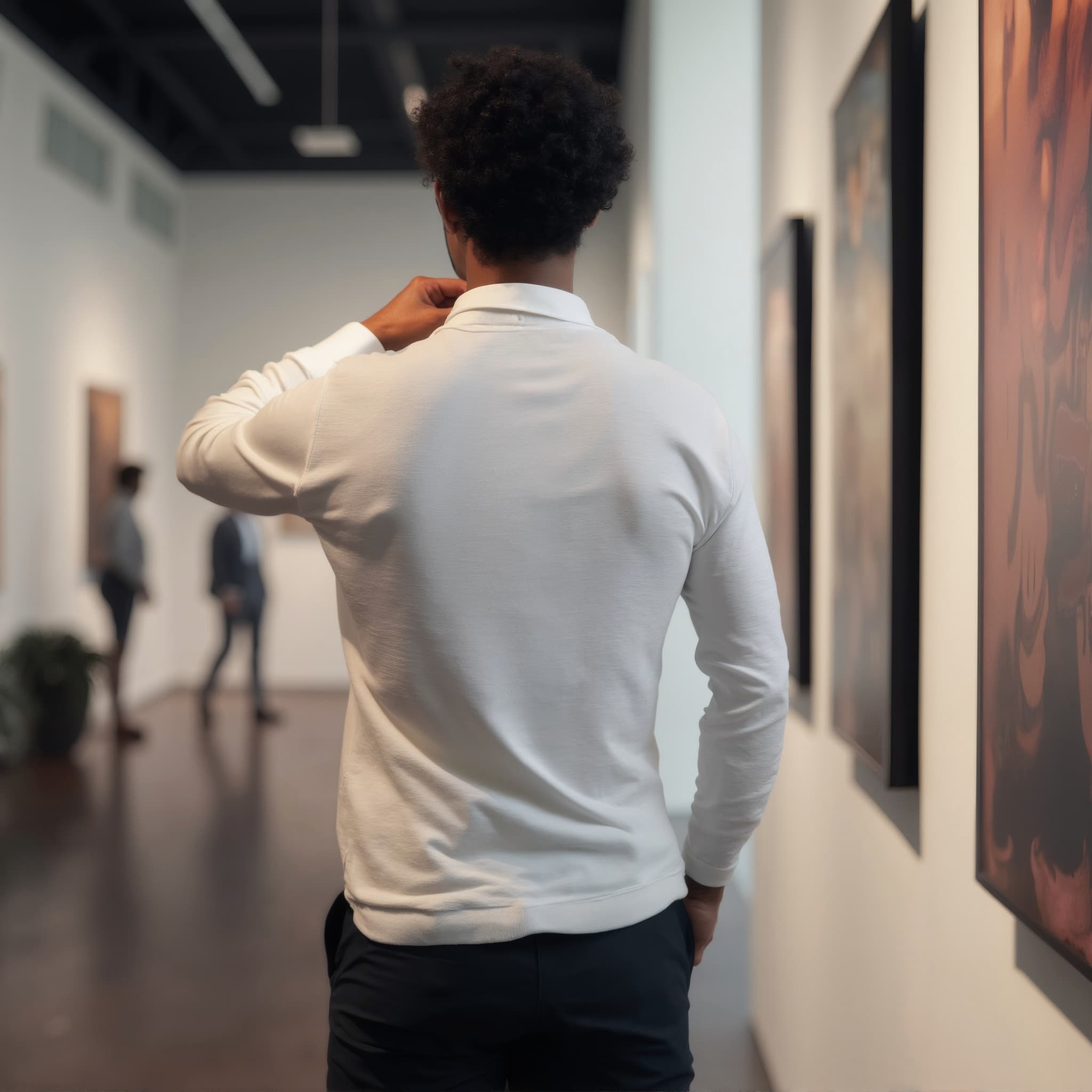 Back-View long sleeve polo mockup a man adjusts his collar with curly hair in an art gallery