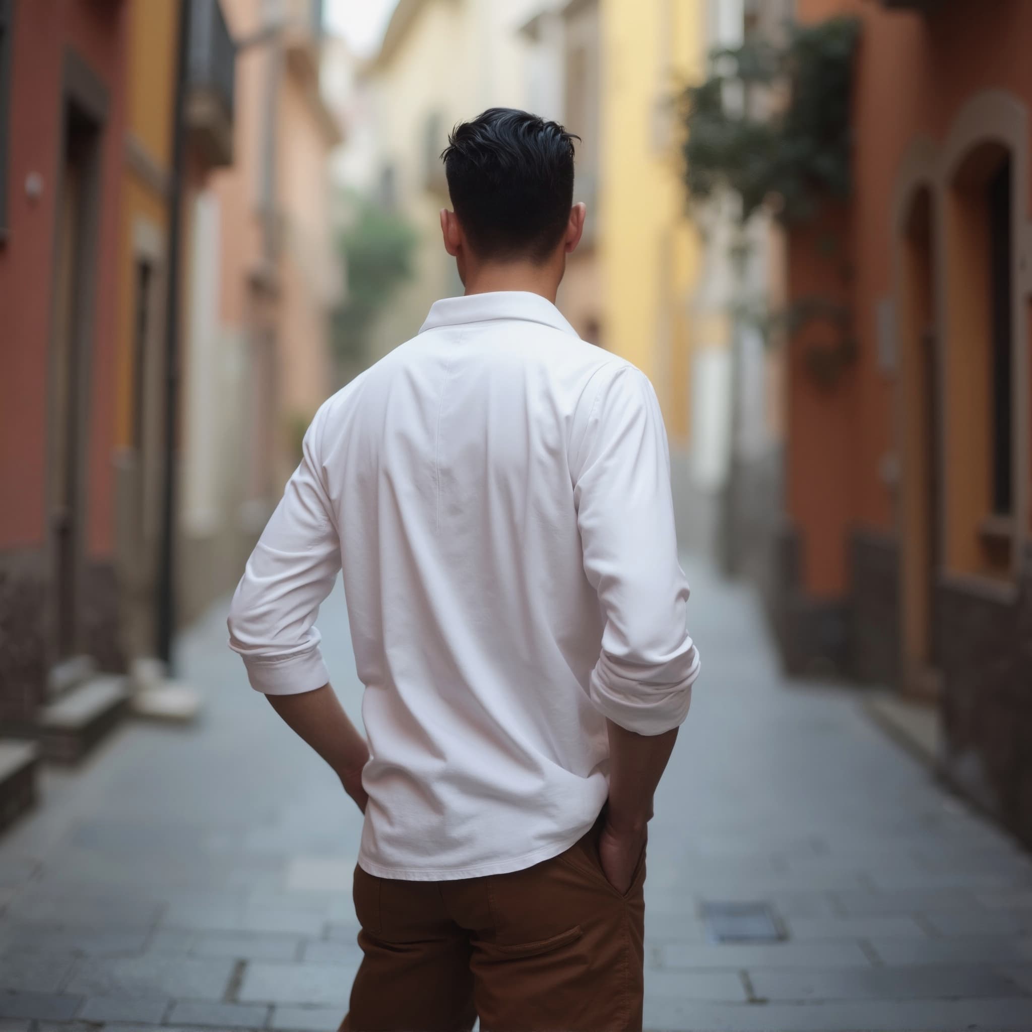 Back-View long sleeve polo mockup a man stands with hands behind short hair alley scene