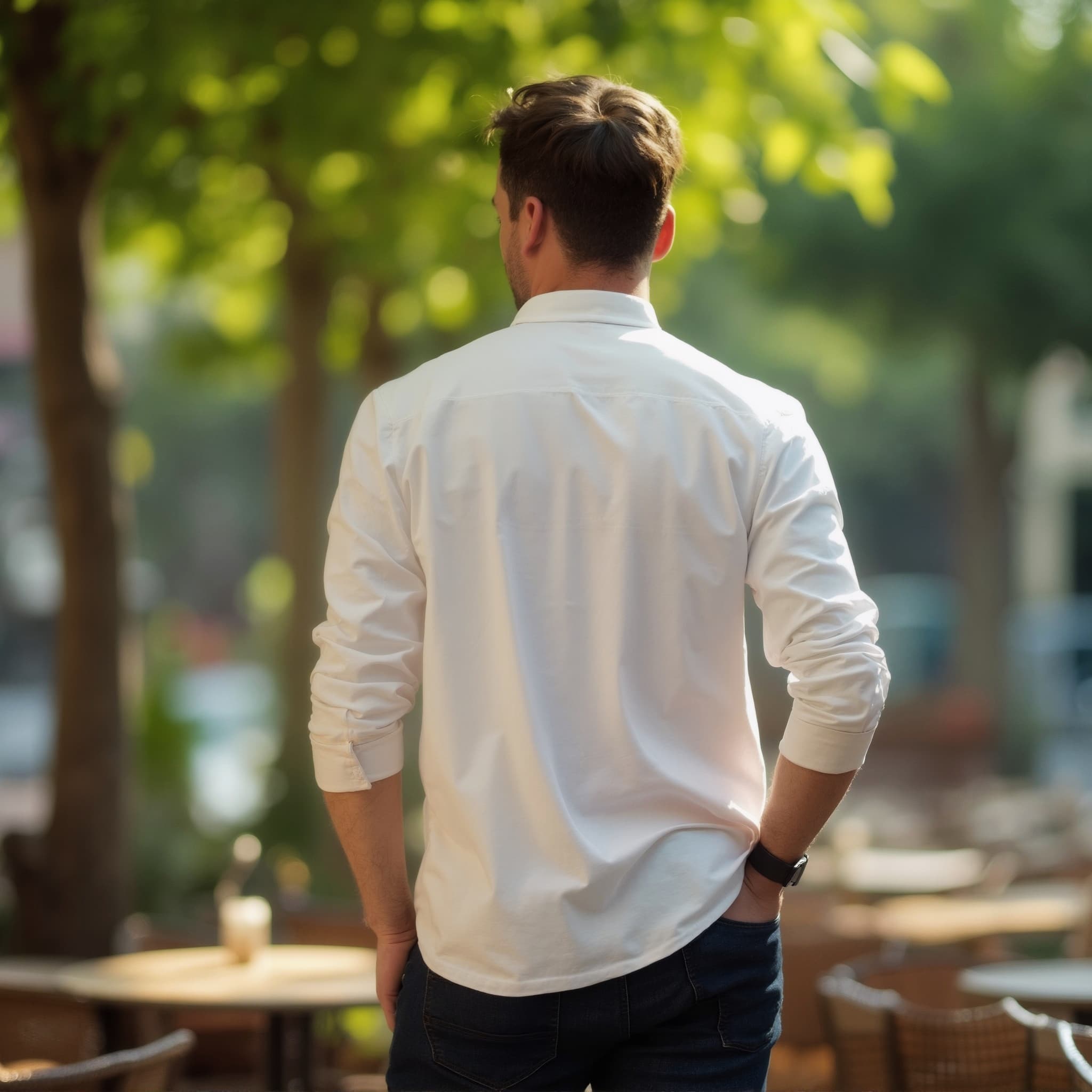Back-View long sleeve polo mockup a man stands with hands in pockets in a café