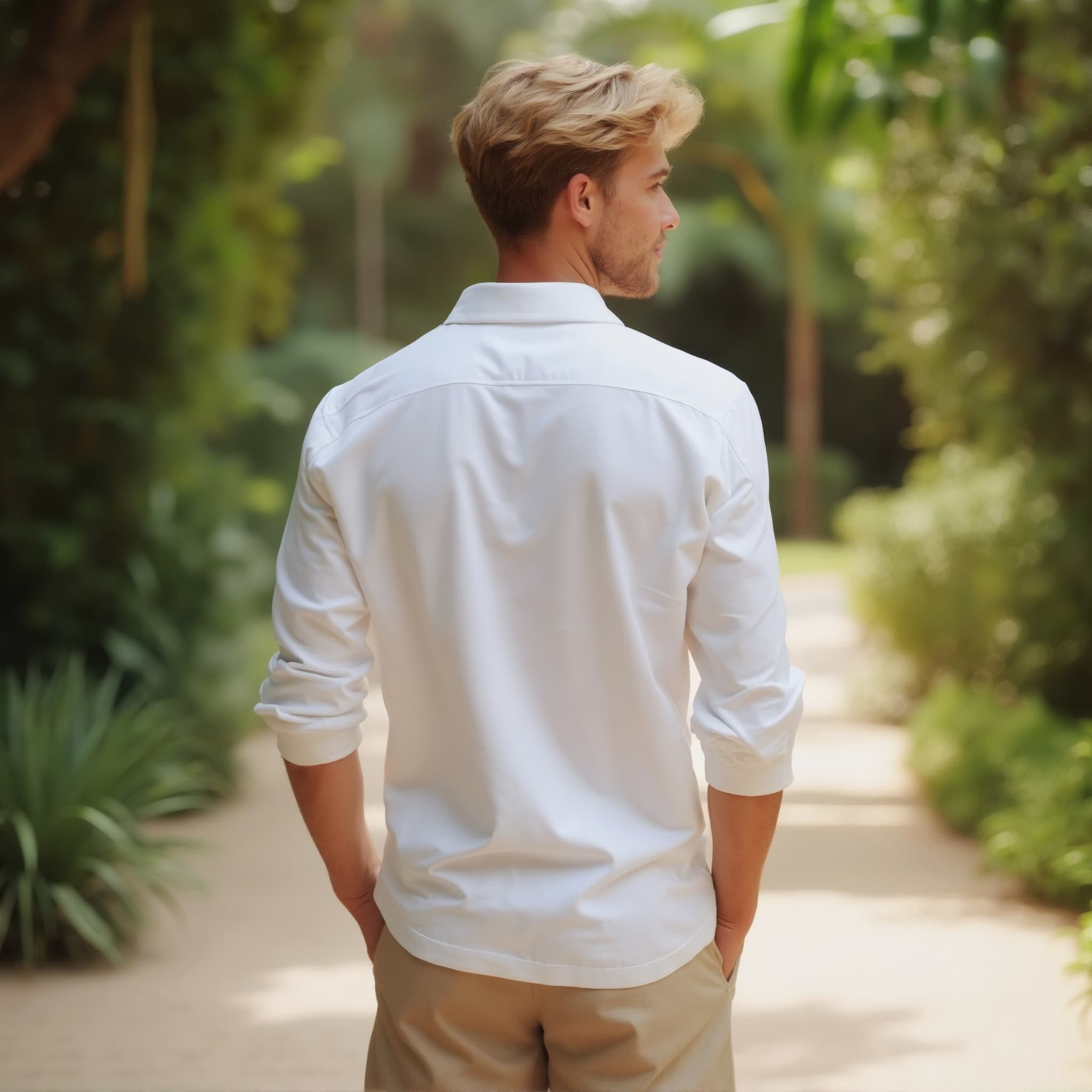 Back-View long sleeve polo mockup a man stands with hands in pockets in a garde
