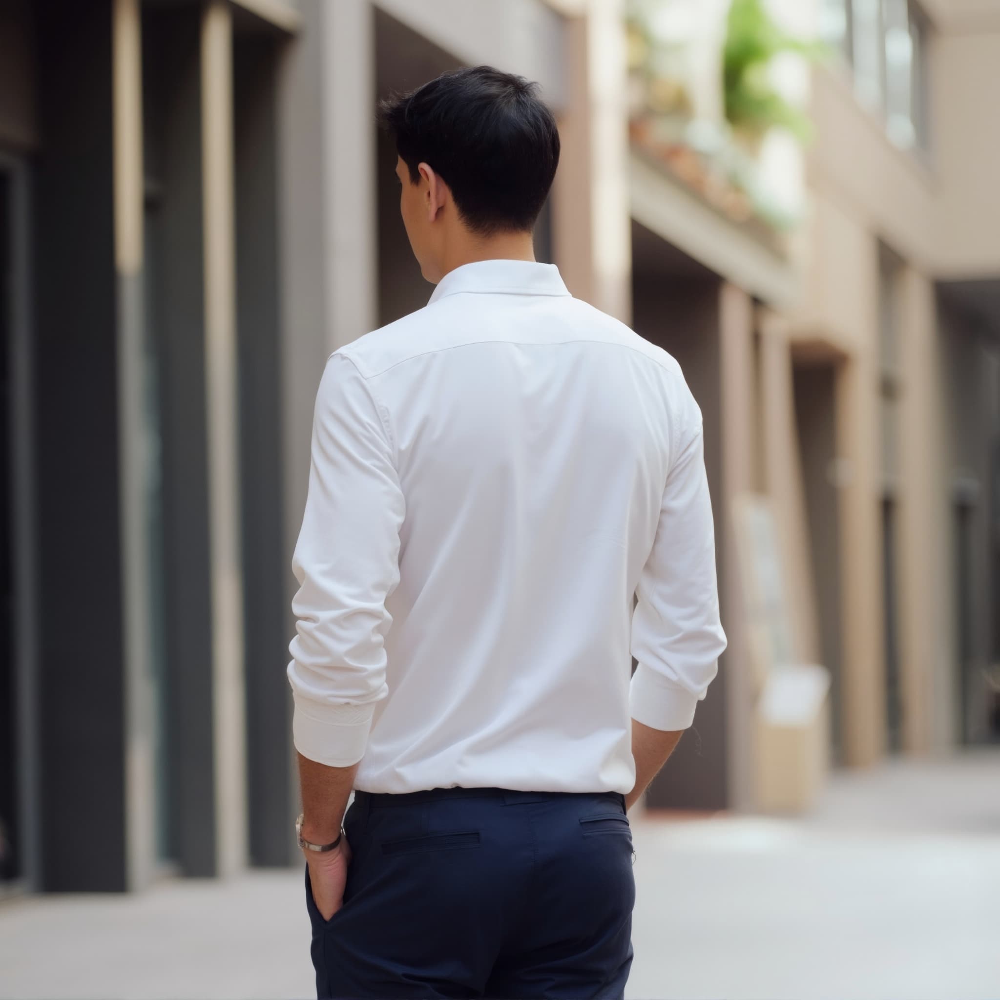 Back-View long sleeve polo mockup a man stands with hands in pockets in a shopping area