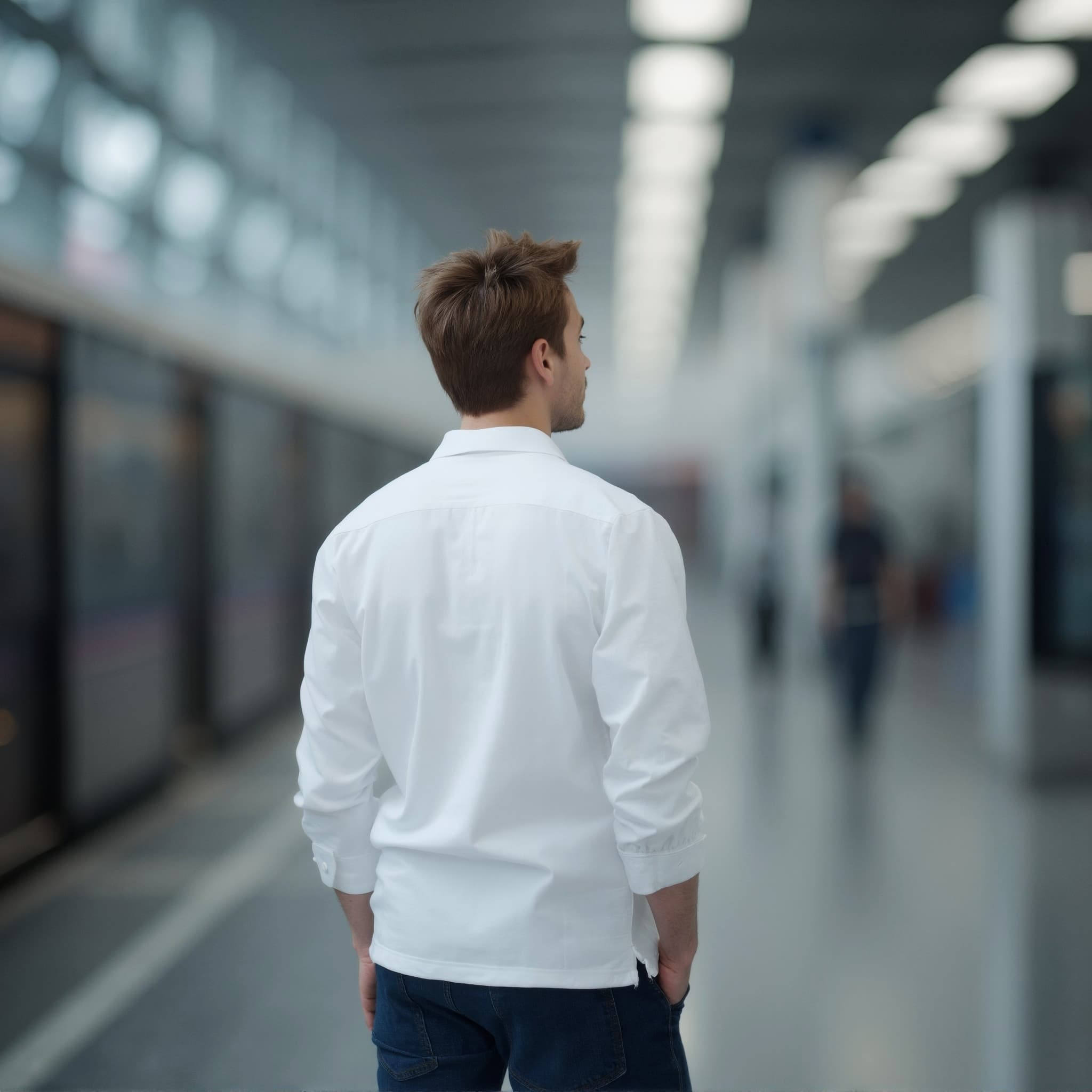 Back-View long sleeve polo mockup a man stands with hands in pockets in a train station