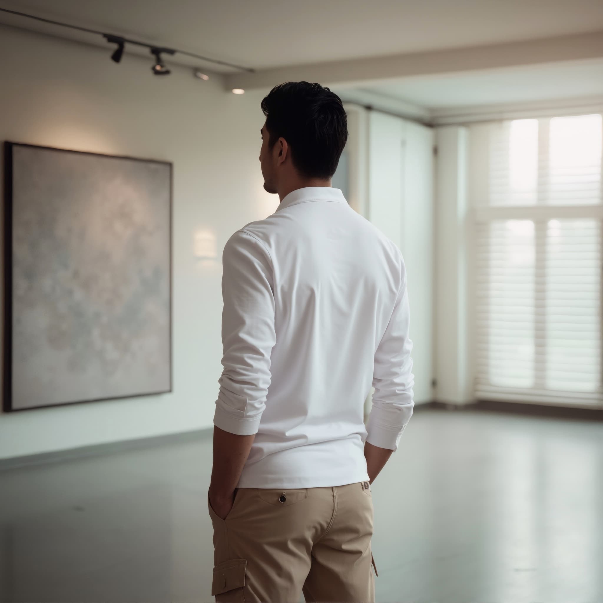 Back-View long sleeve polo mockup a man stands with hands in pockets in an art gallery