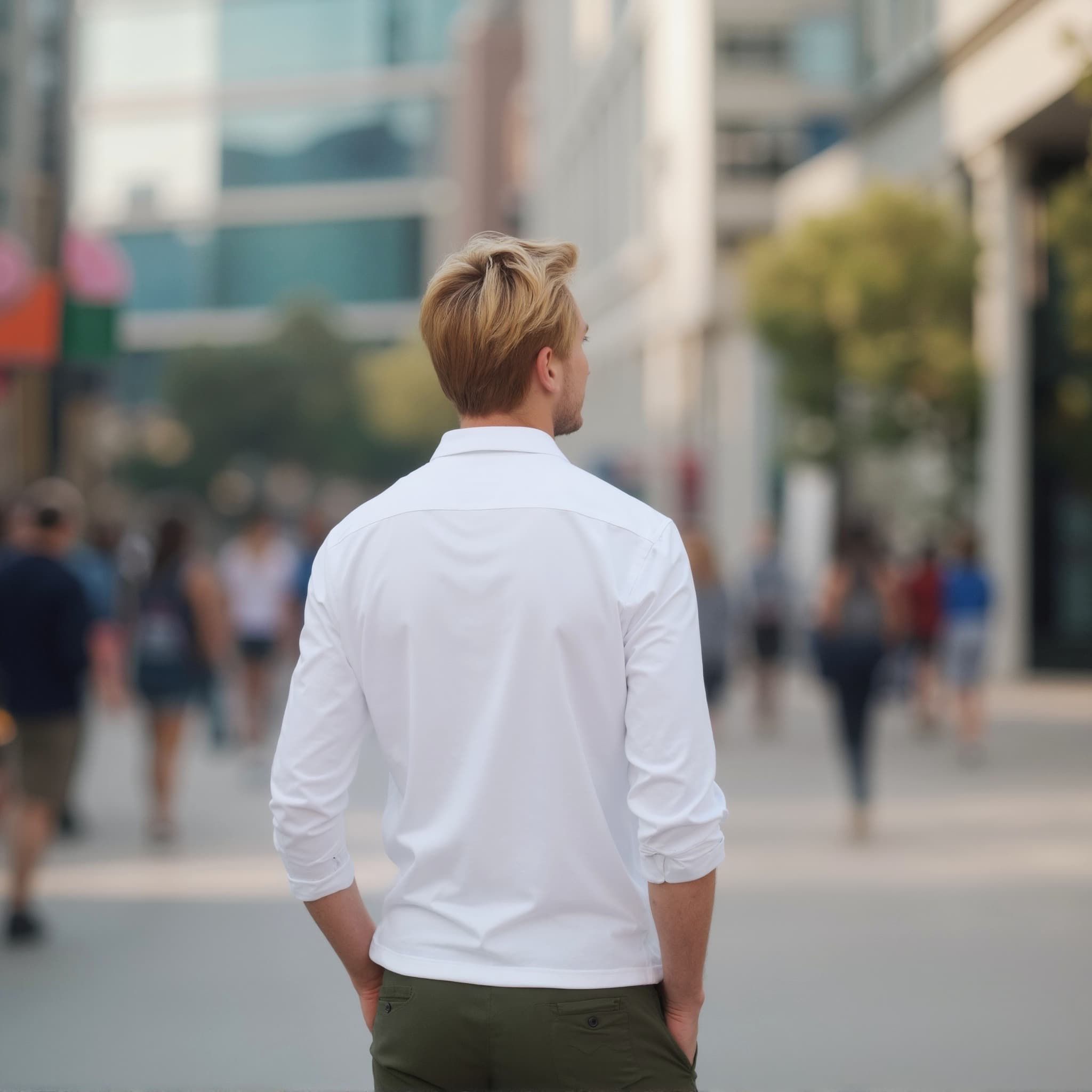 Back-View long sleeve polo mockup a man stands with hands in pockets on a busy street