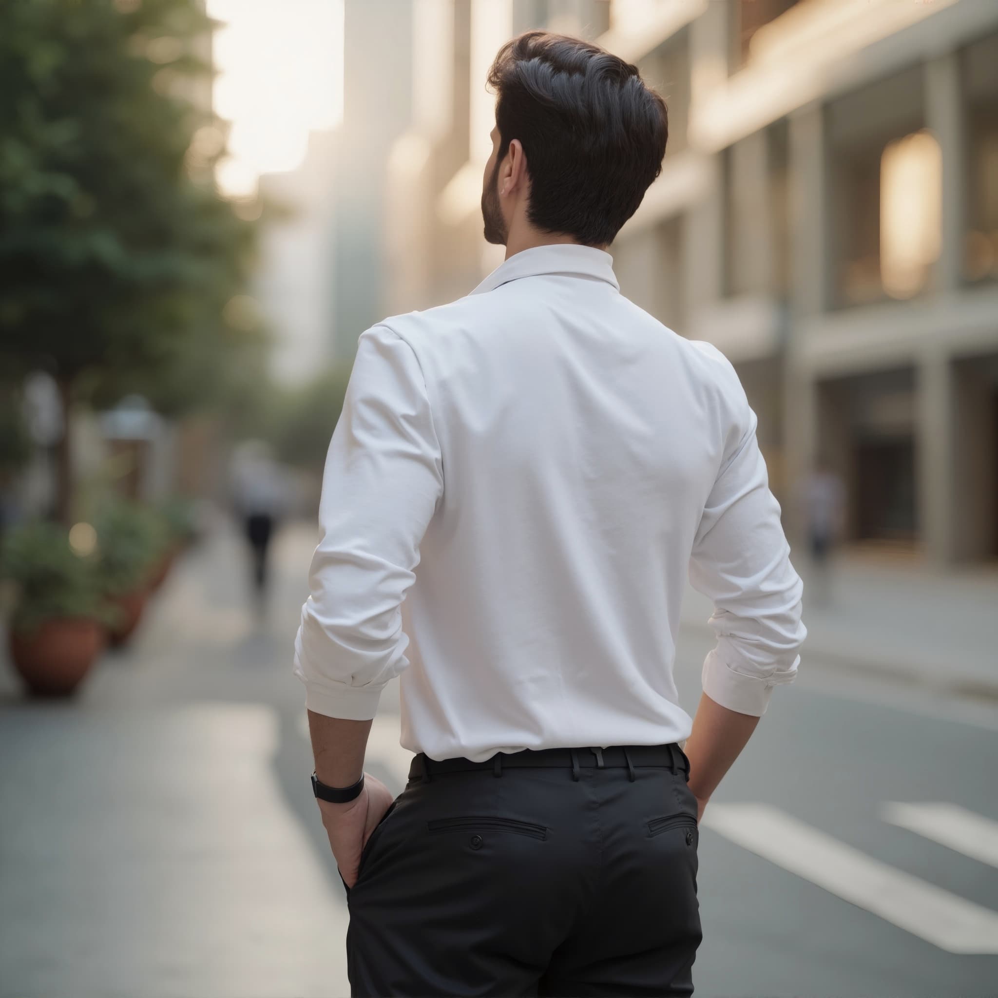 Back-View long sleeve polo mockup a man stands with hands in pockets on a city street