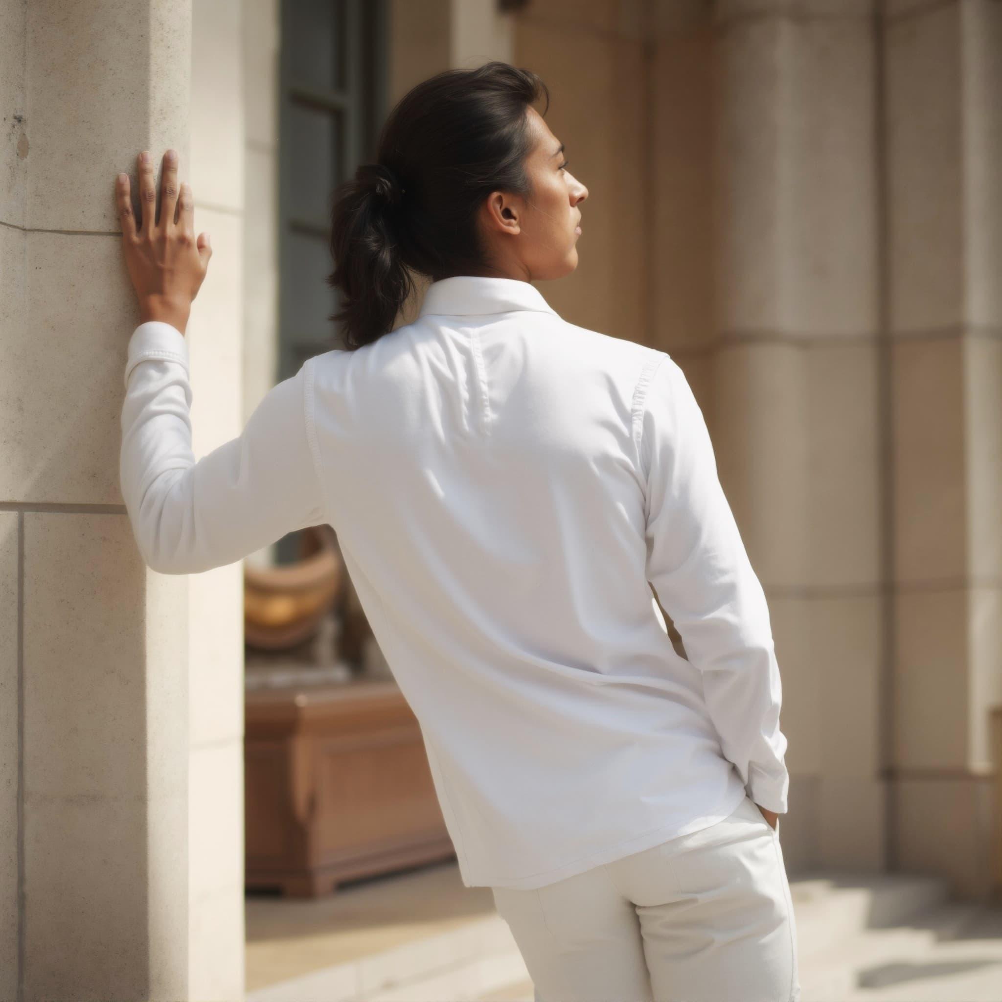 Back-View long sleeve polo mockup a man leans against a pillar with long hair on a sunny terrace