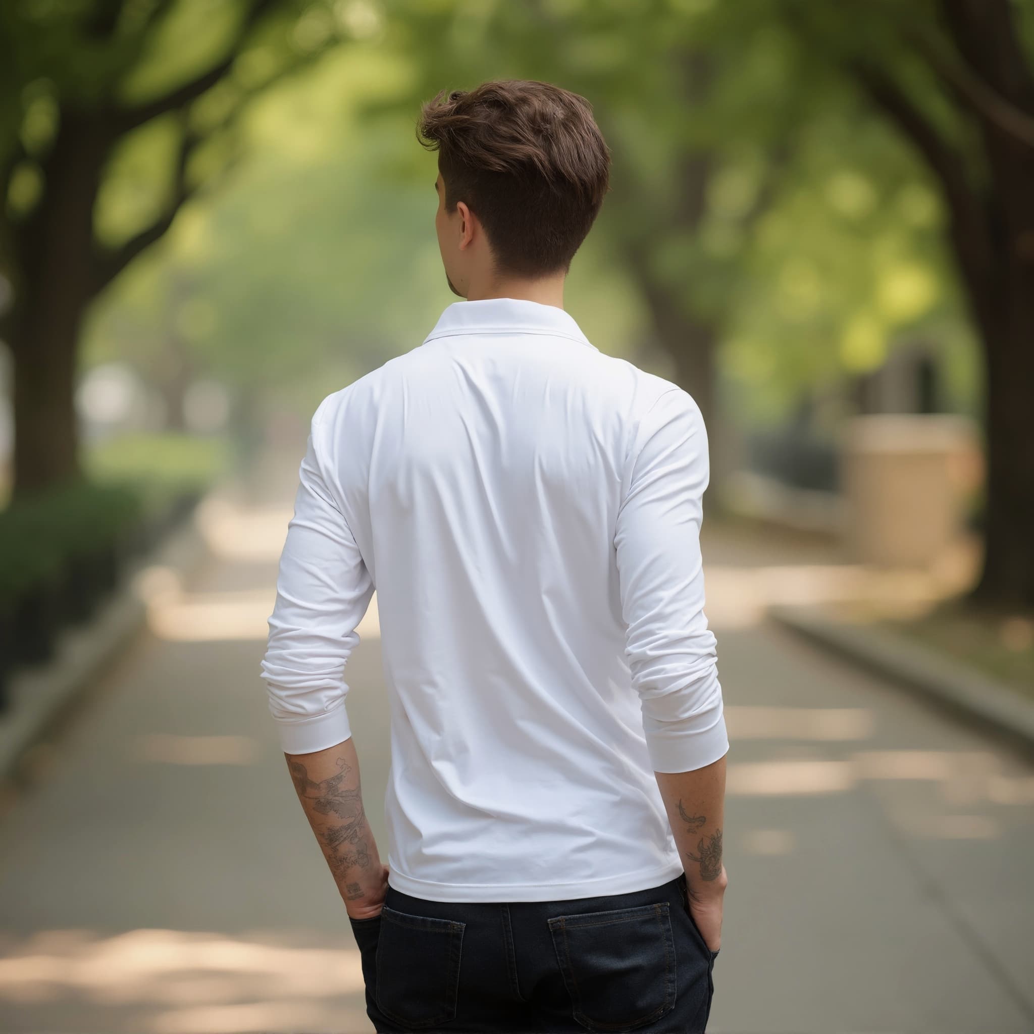 Back-View long sleeve polo mockup a man stands with hands in pockets on a pathway