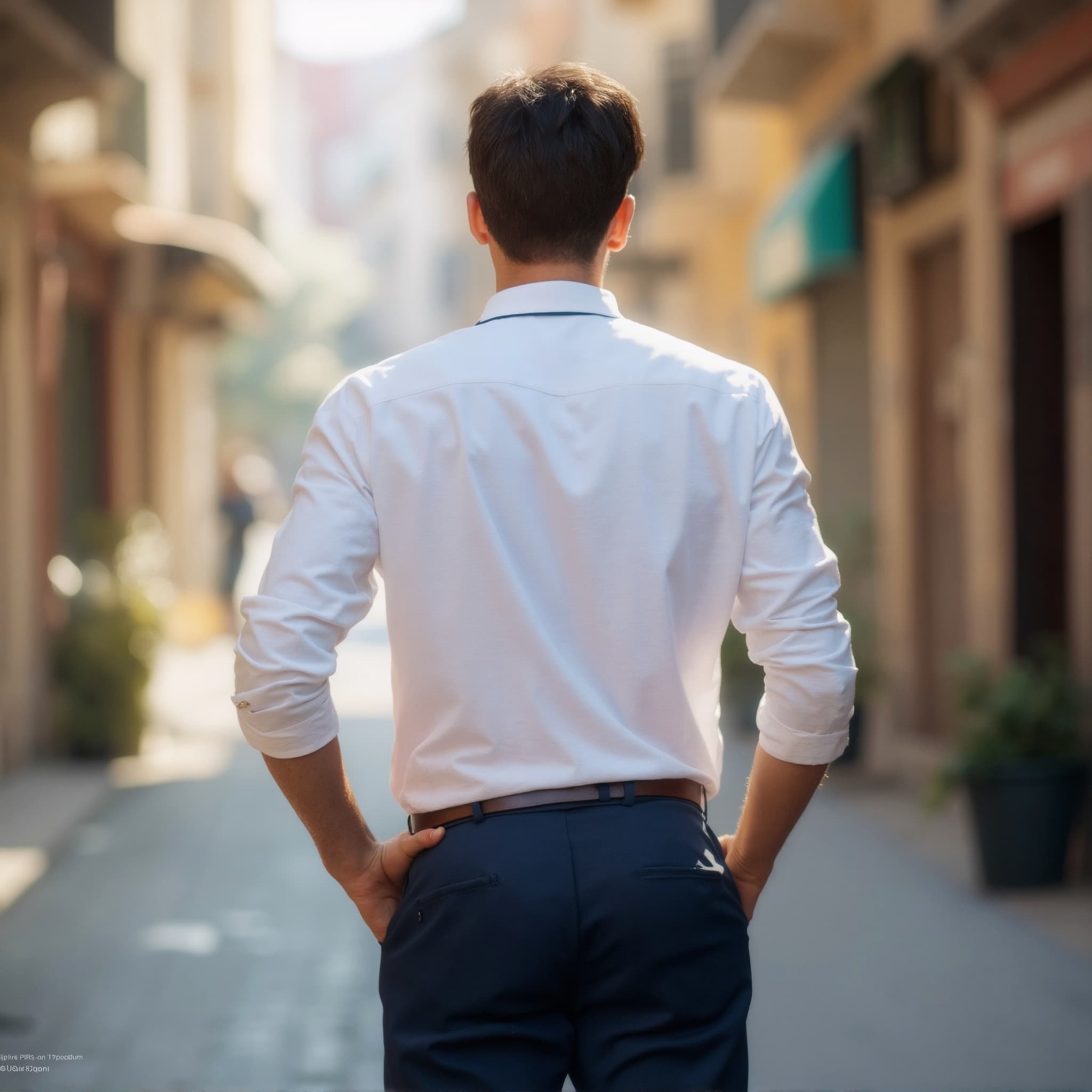 Back-View long sleeve polo mockup a man stands with hands in pockets on a street