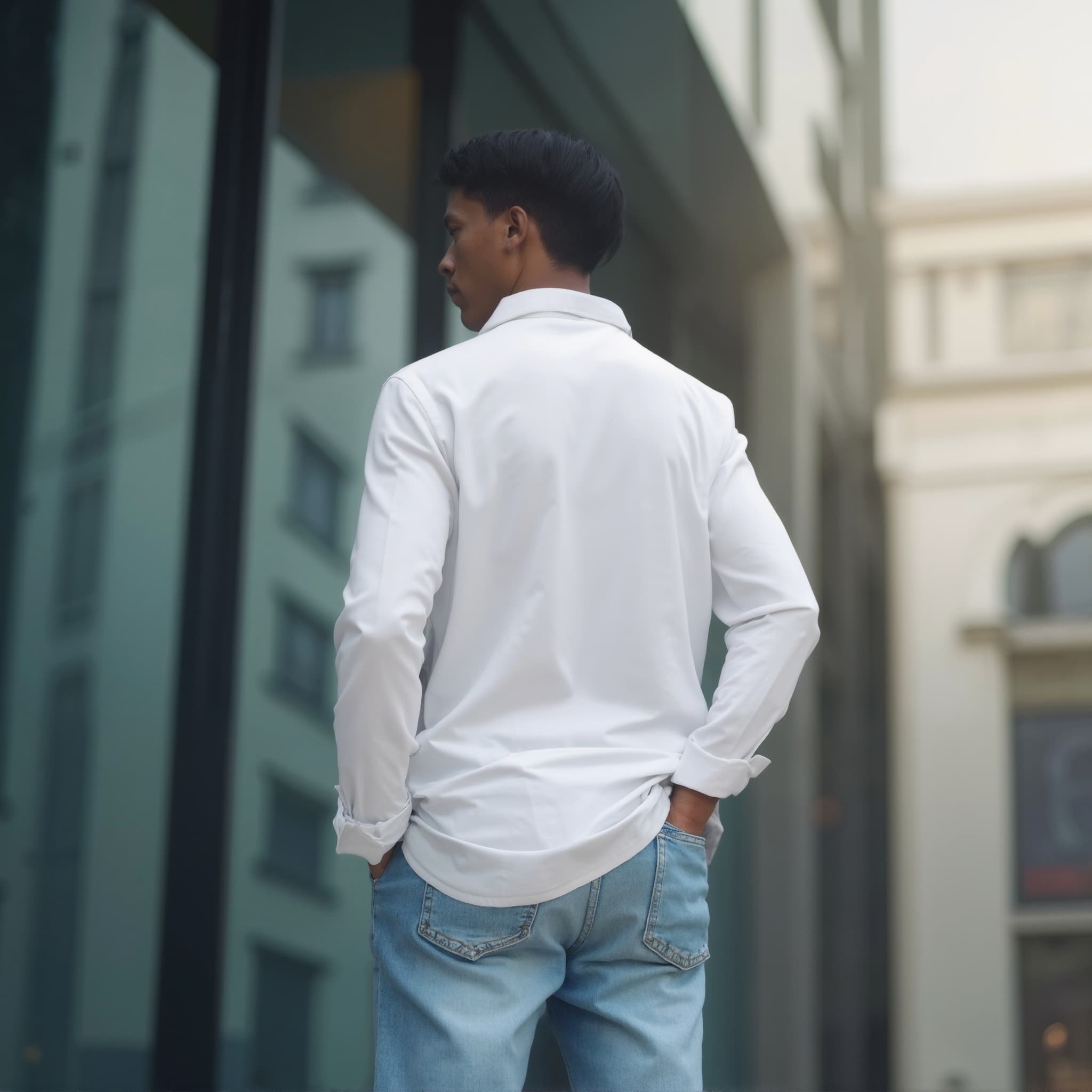 Back-View long sleeve polo mockup a man stands with hands in pockets outside a building