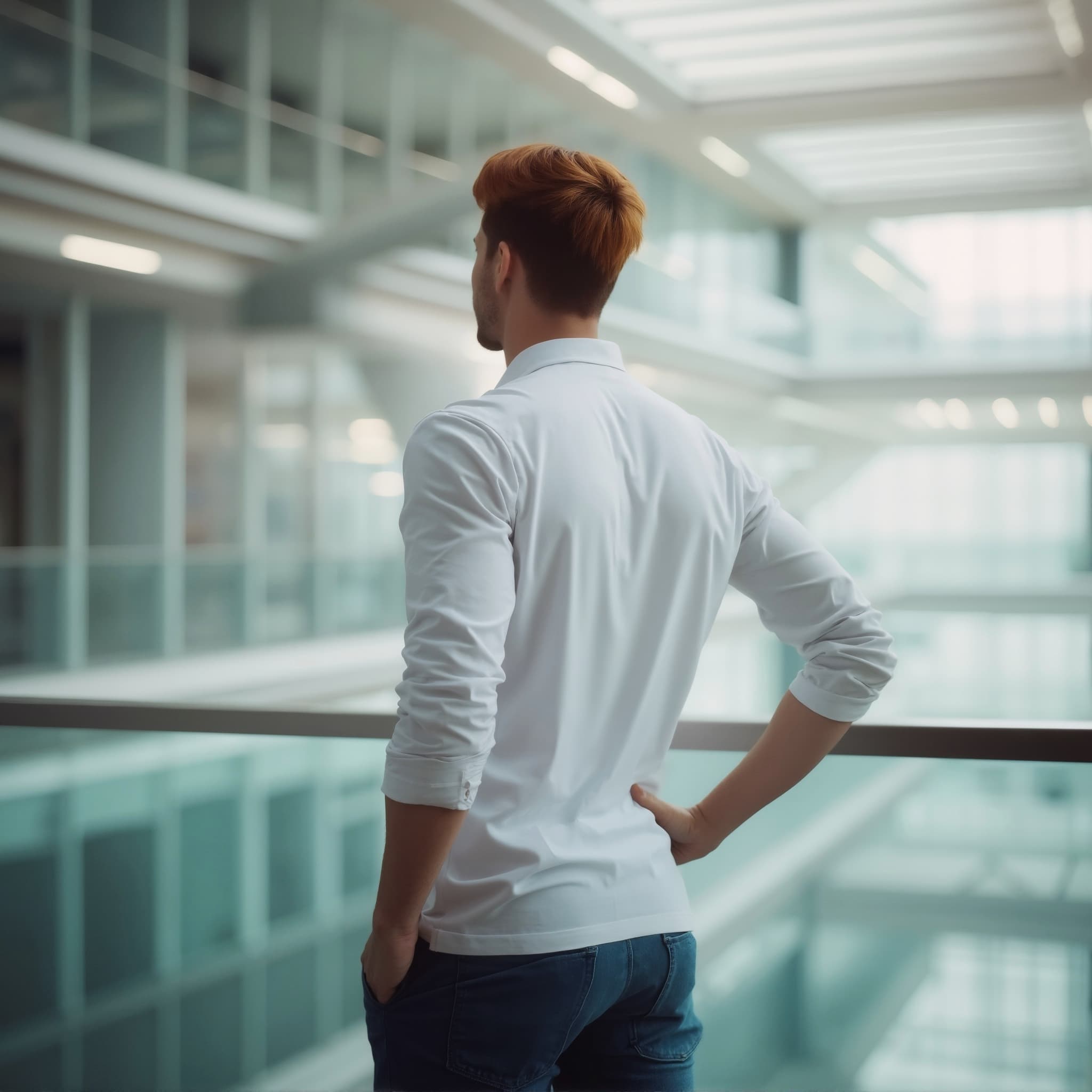 Back-View long sleeve polo mockup a man stands with hands on hips in a hallway
