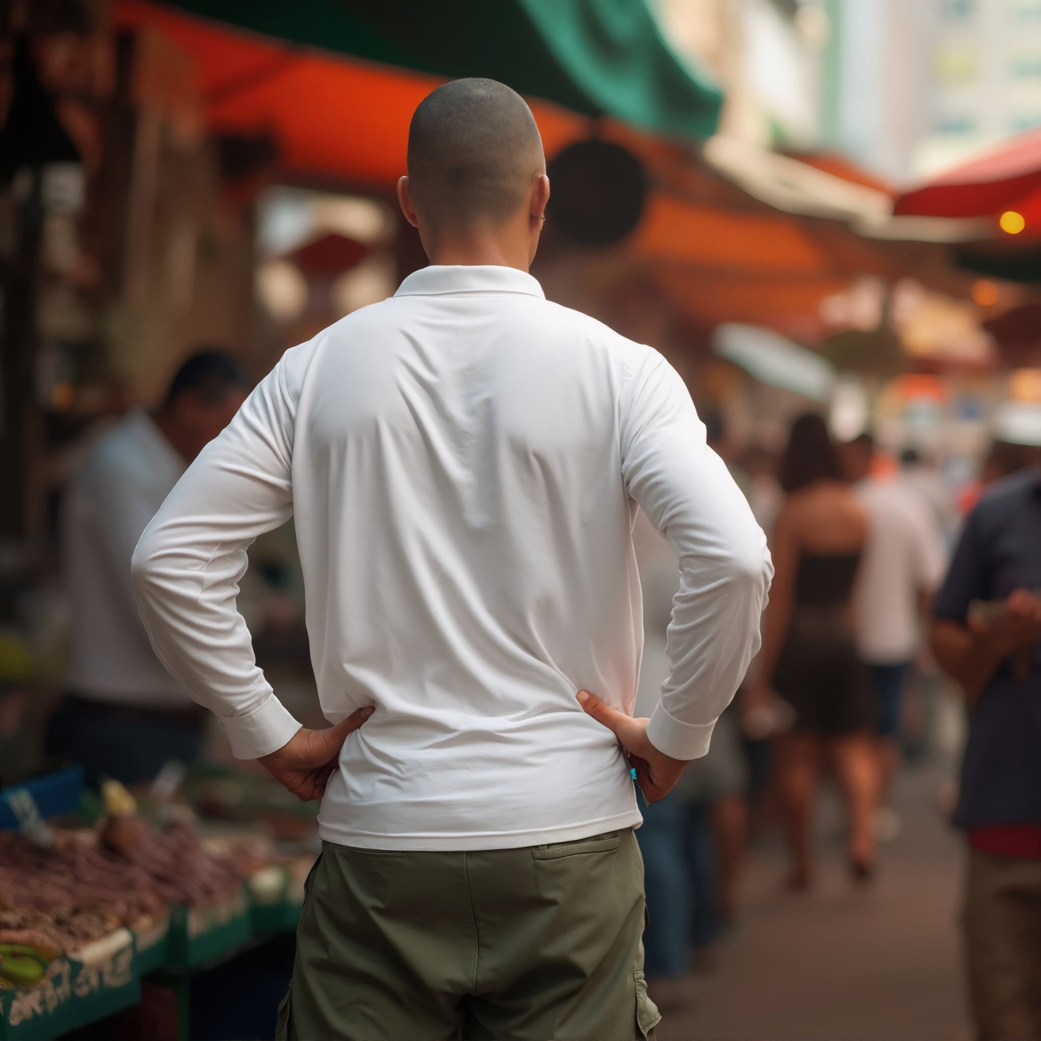 Back-View long sleeve polo mockup a man stands with hands on hips in a market scene