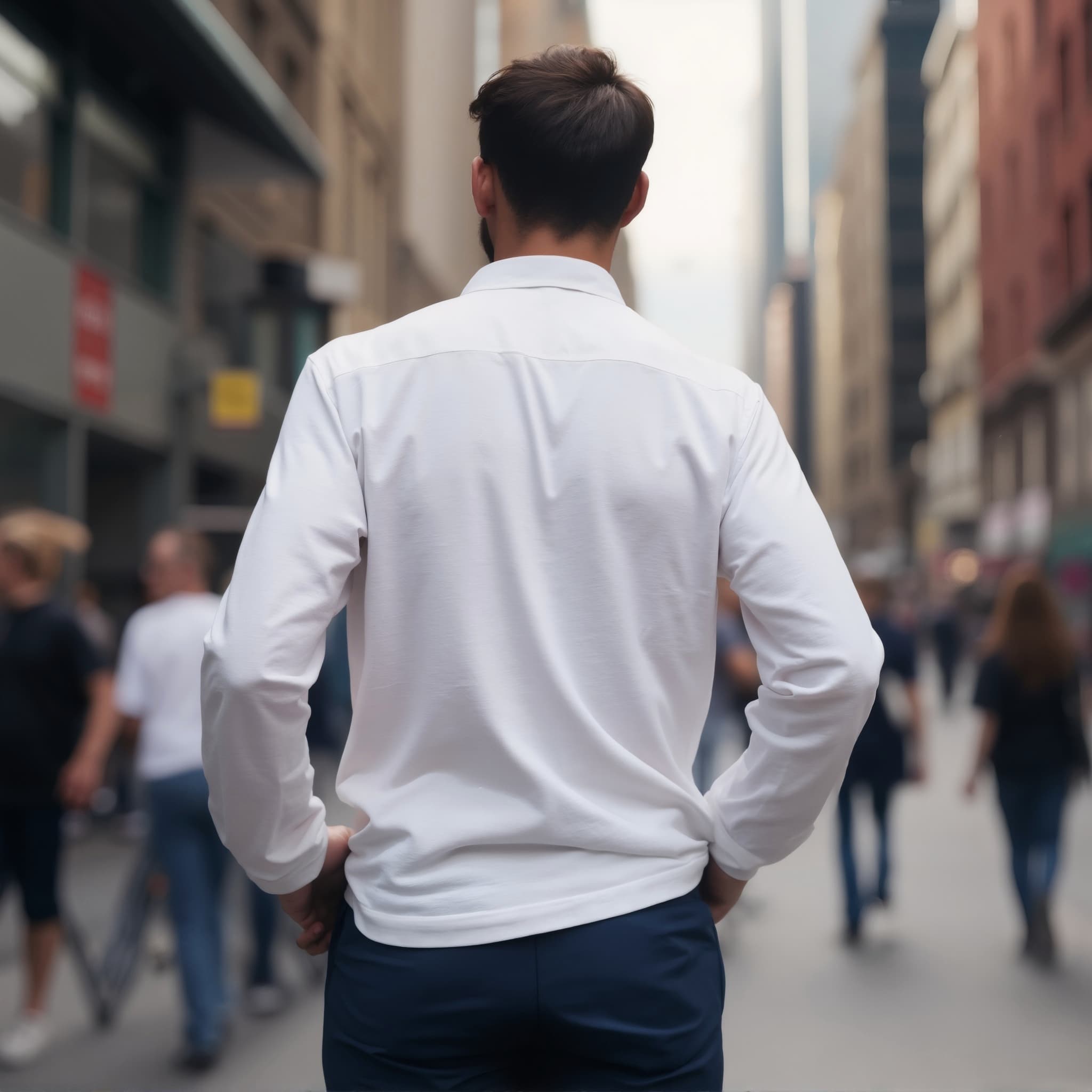 Back-View long sleeve polo mockup a man stands with hands on hips on a busy street