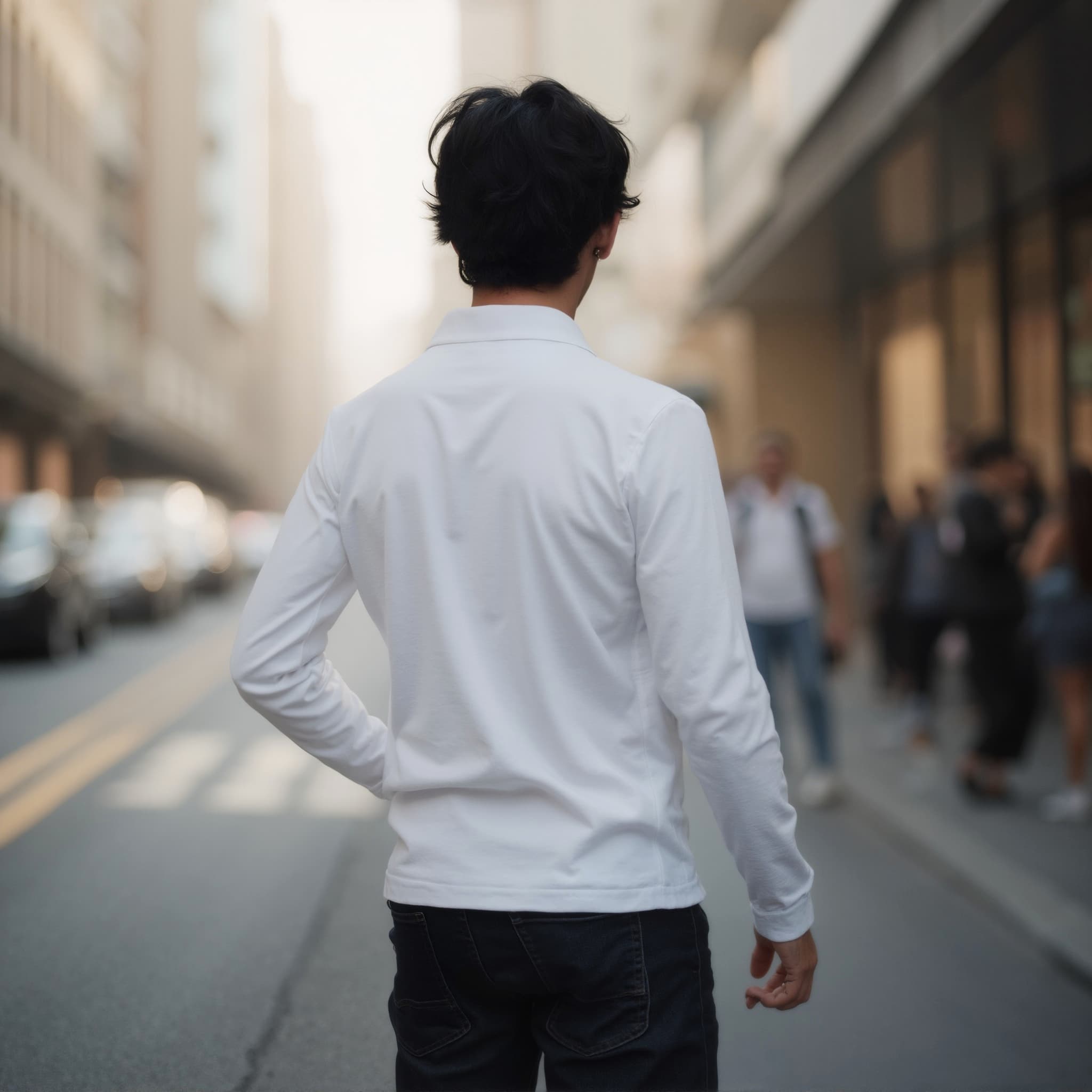 Back-View long sleeve polo mockup a man stands with one hand behind him on a city street