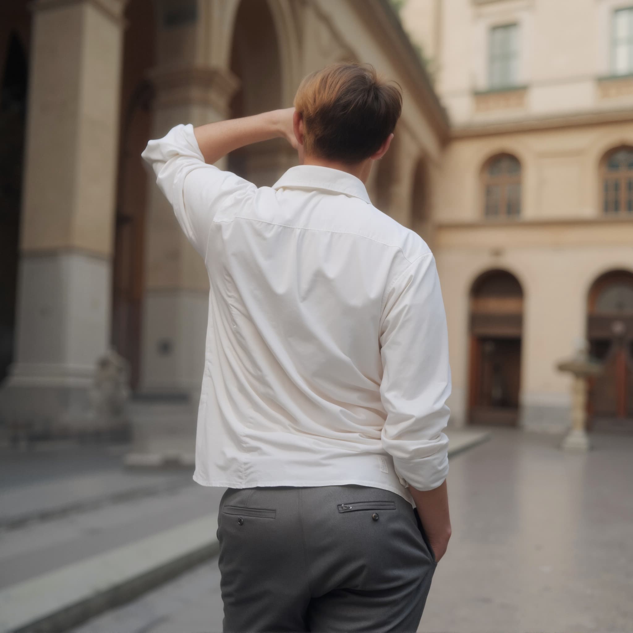 Back-View long sleeve polo mockup a man touches his neck in a courtyard
