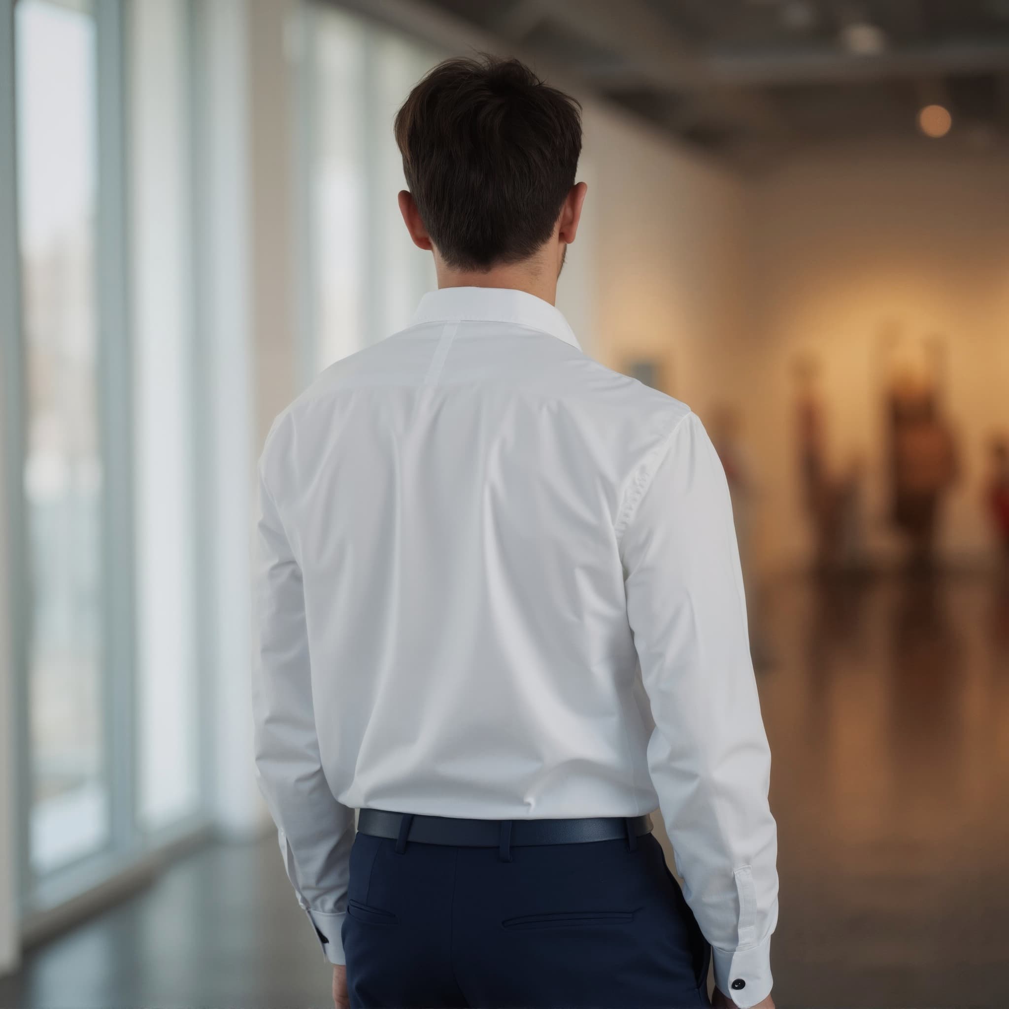 Back-View long sleeve polo mockup a man stands still with short hair in an art gallery