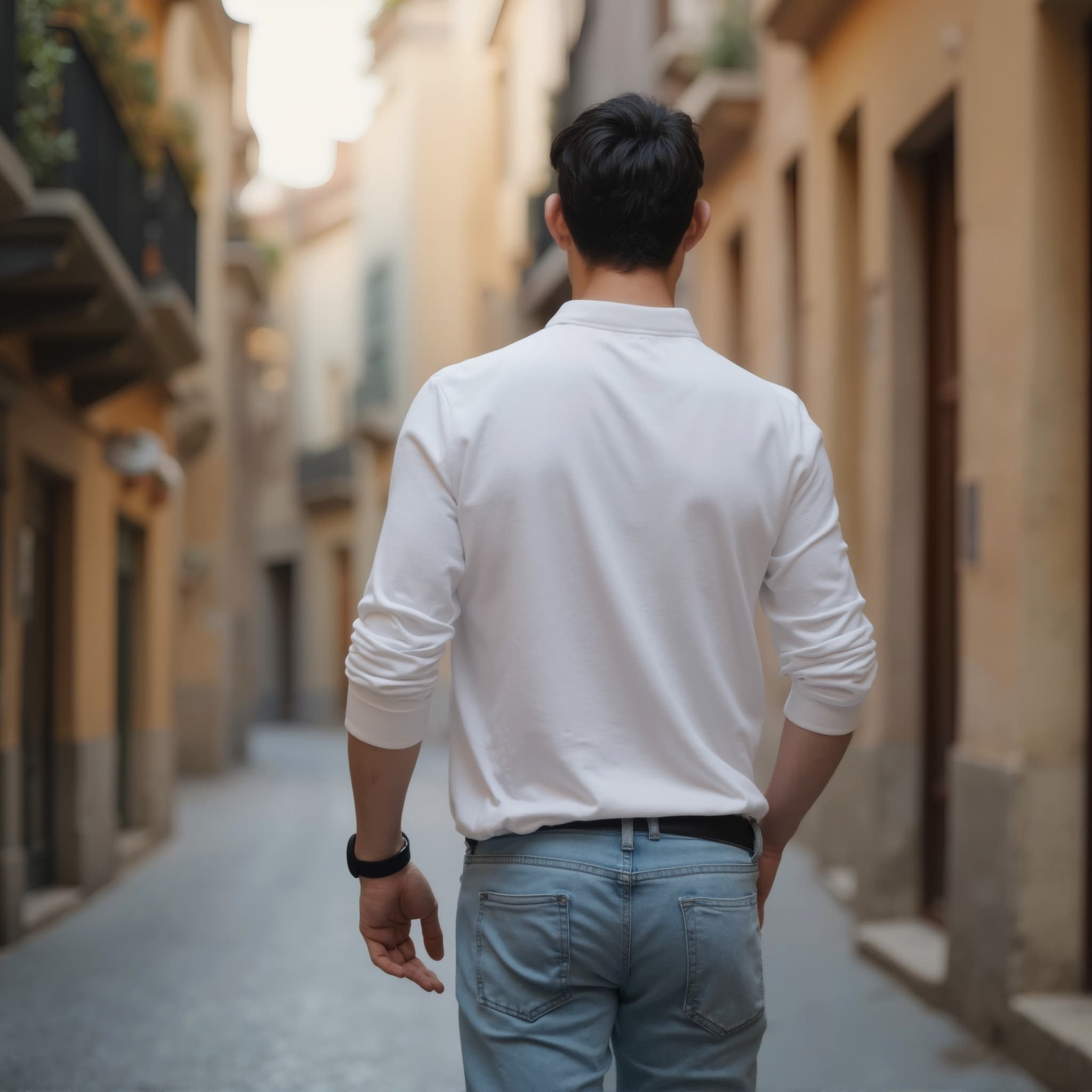 Back-View long sleeve polo mockup a man walks in a narrow alley