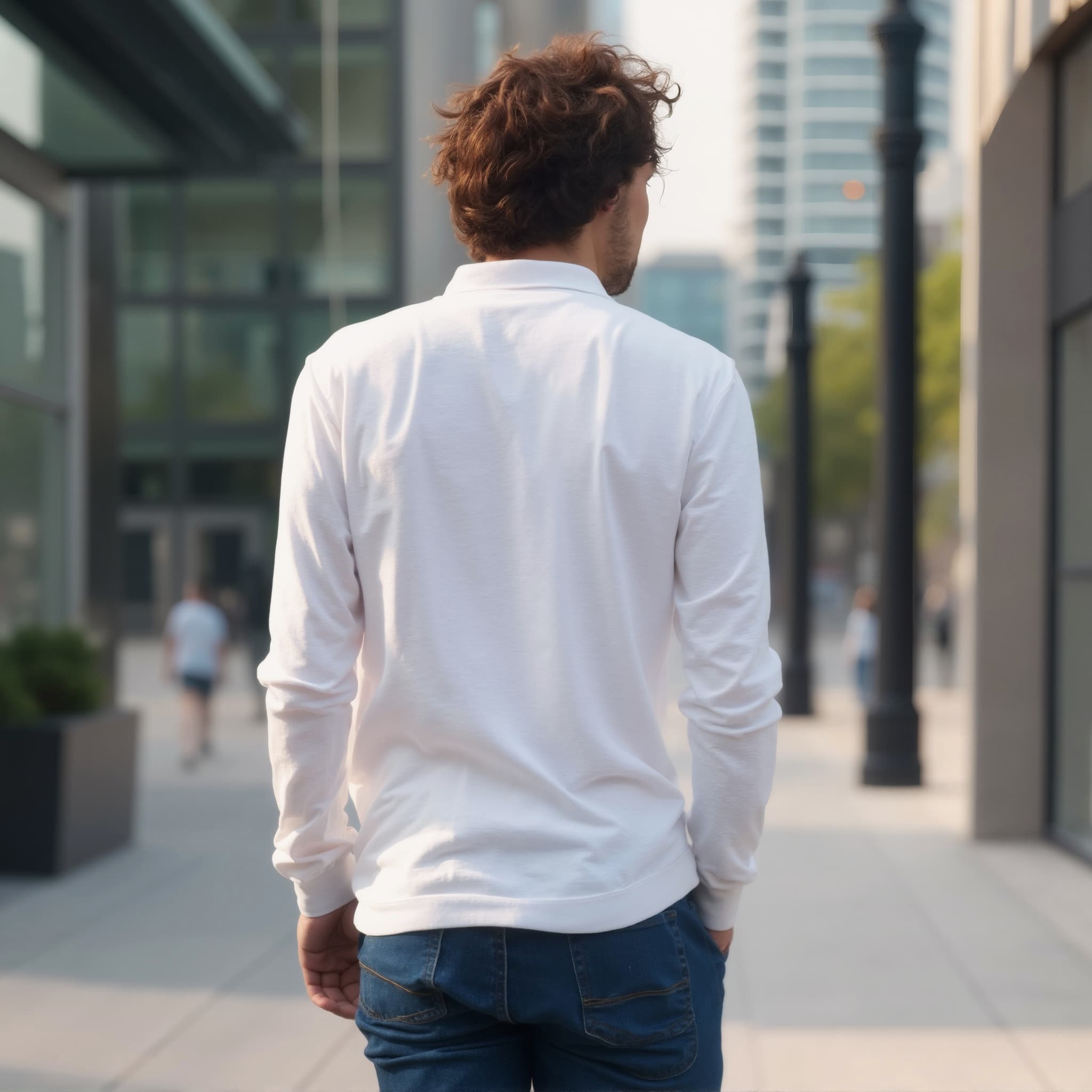Back-View long sleeve polo mockup a man walks with curly hair urban setting