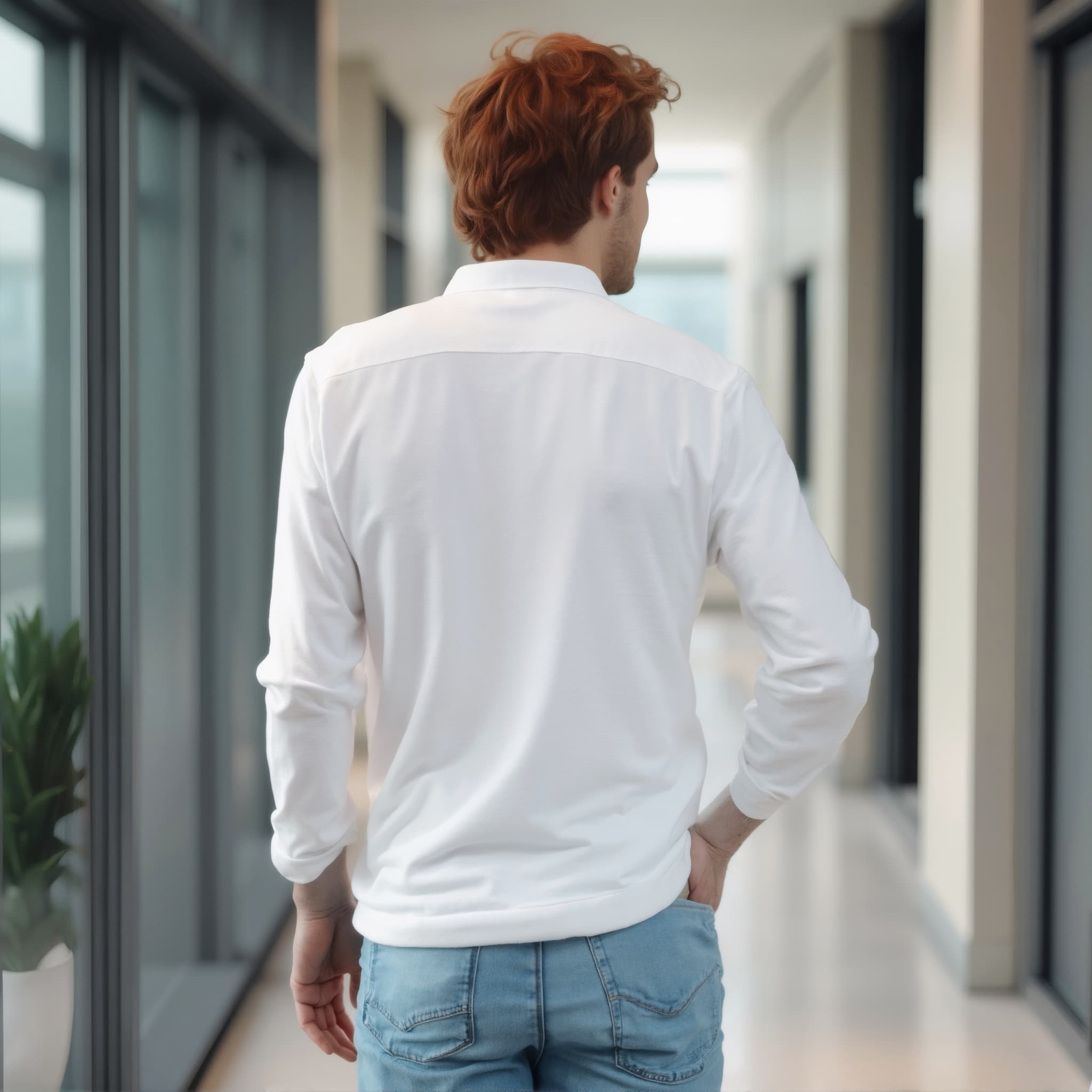 Back-View long sleeve polo mockup a man walks with hands on hips in a hallway