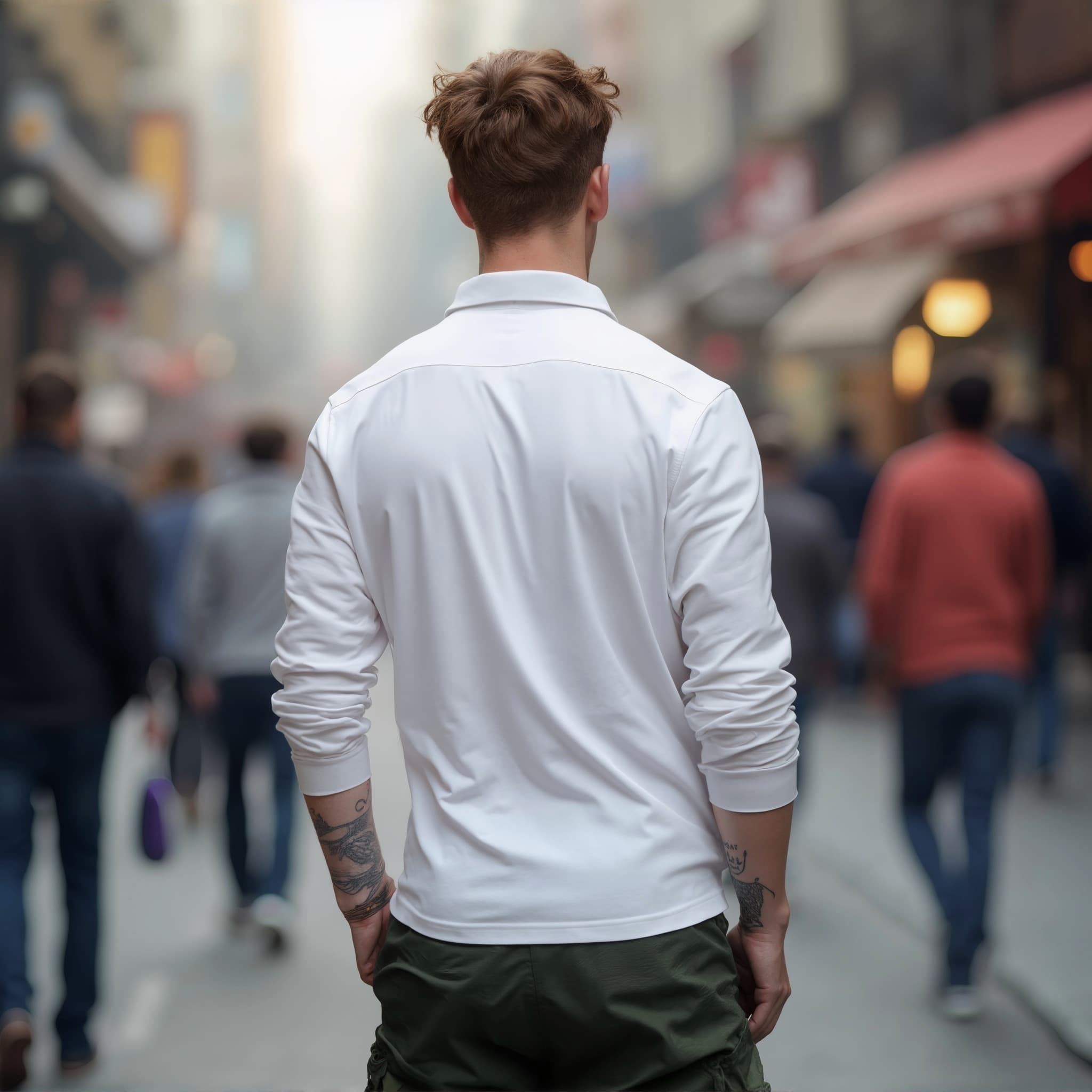 Back-View long sleeve polo mockup a man walks with his hands in pockets narrow street